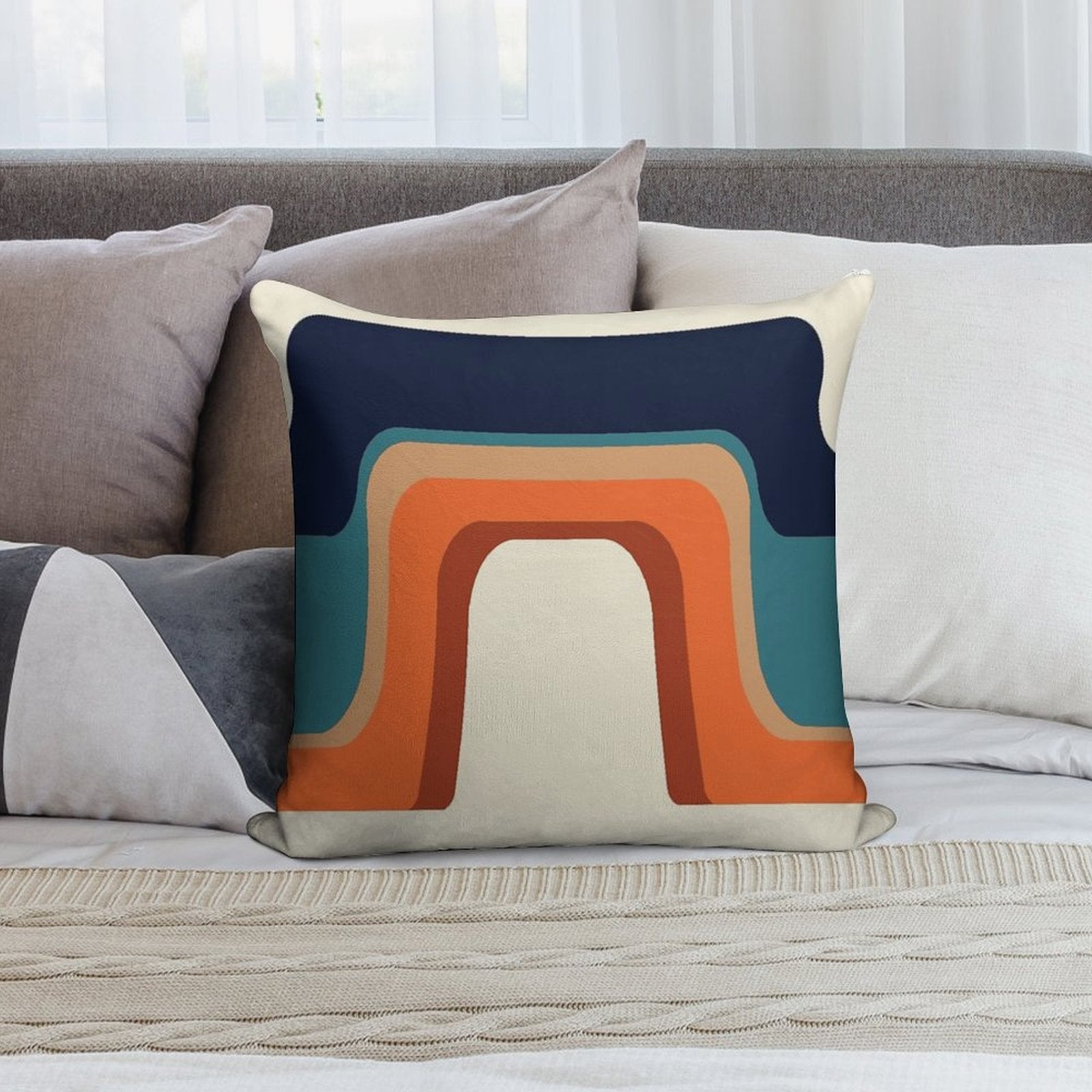 Mid-Century Modern Meets 1970s Orange And Blue Rainbow Soft High-Density Material Throw Pillow