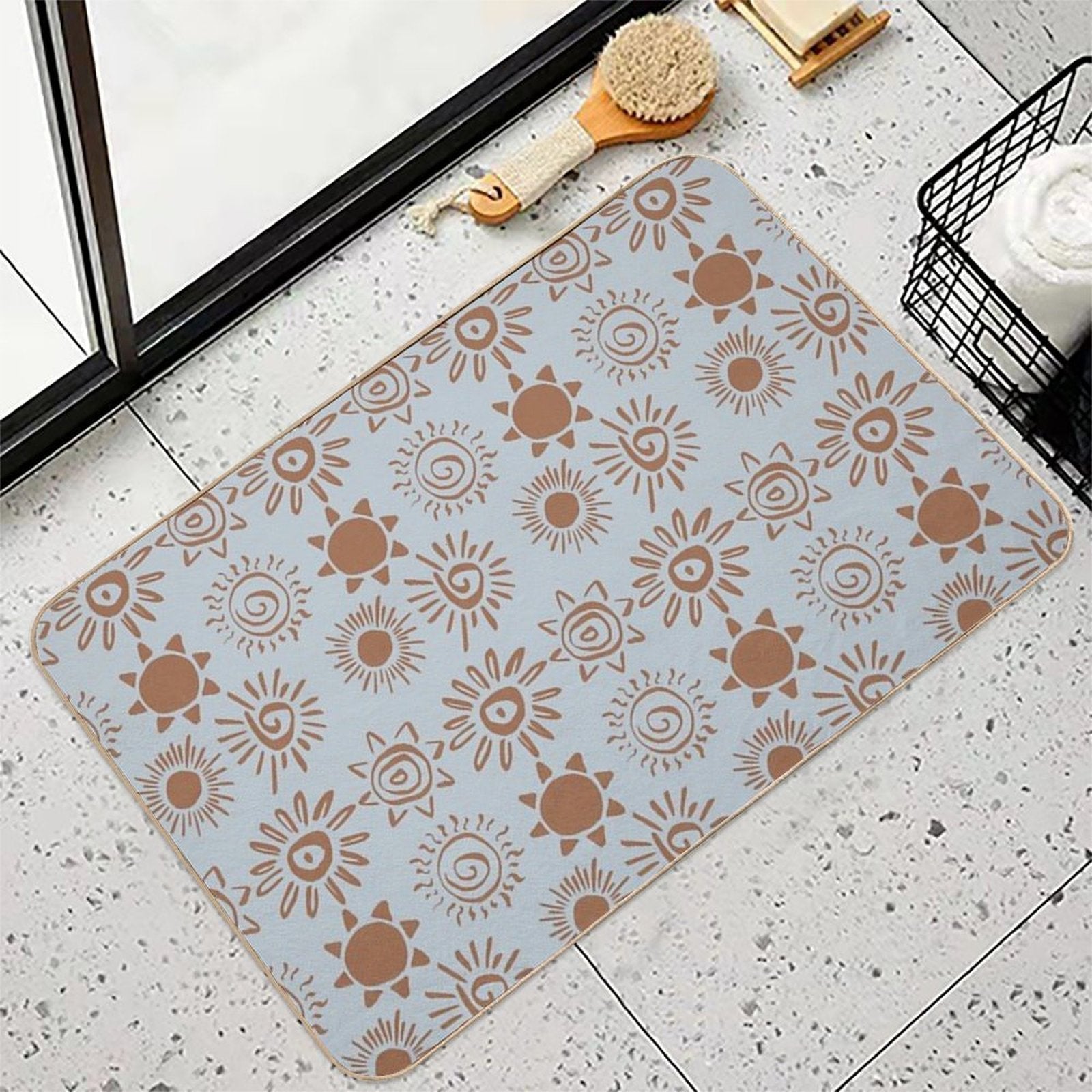 Magical Sun Bohemian Dreamy Aesthetic In Muted Colors Gray Blue & Brown  Pet-Safe Bath Mat
