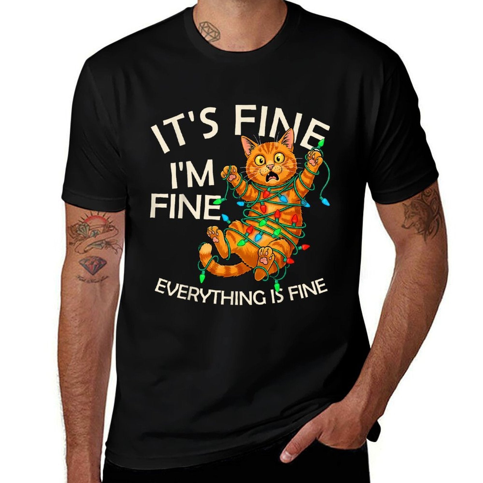 Funny Orange Cat Christmas Light Its Fine Im Fine Xmas  Durable T-Shirt