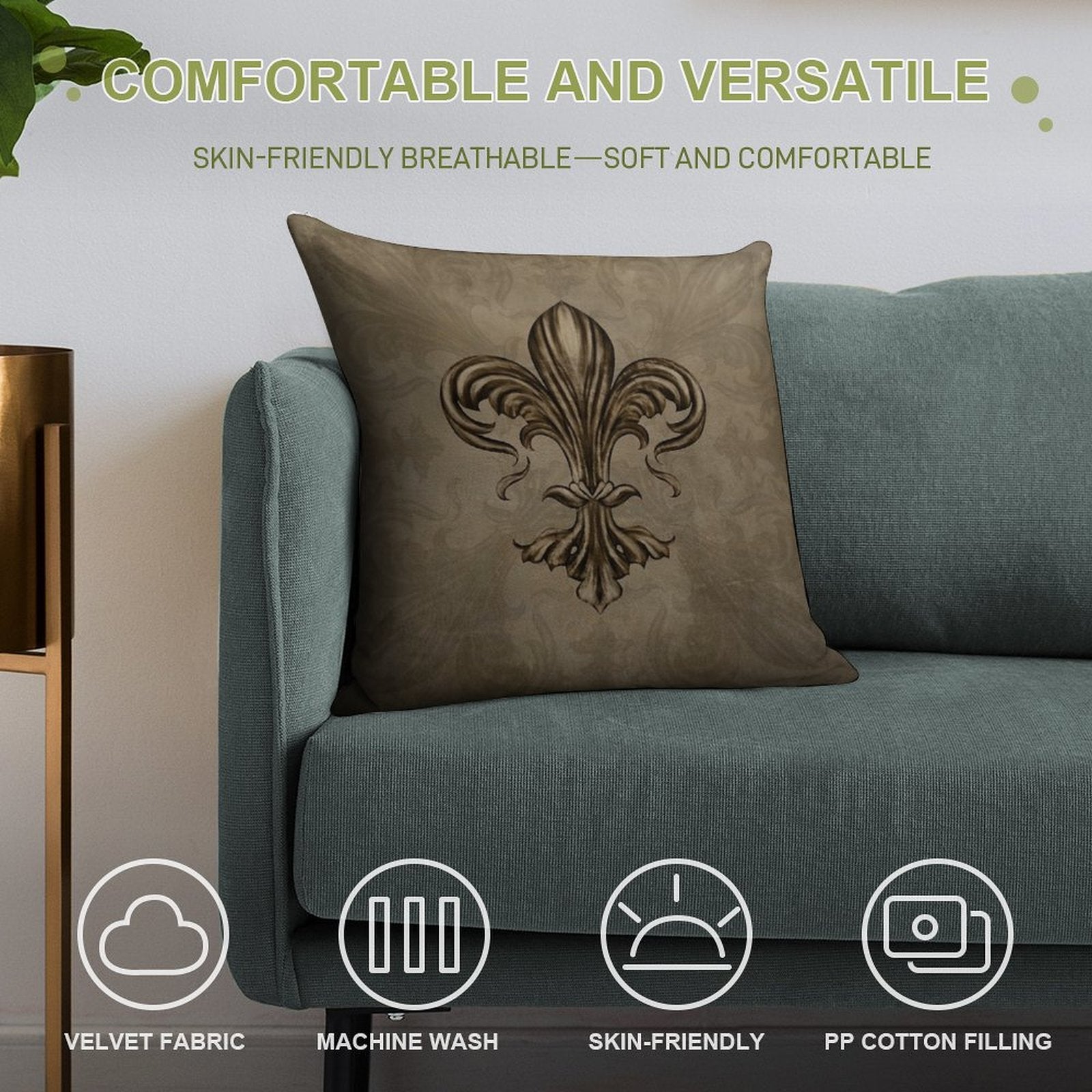 Vintage Fleur-de-lis Sepia Soft Reinforced Edging Throw Pillow