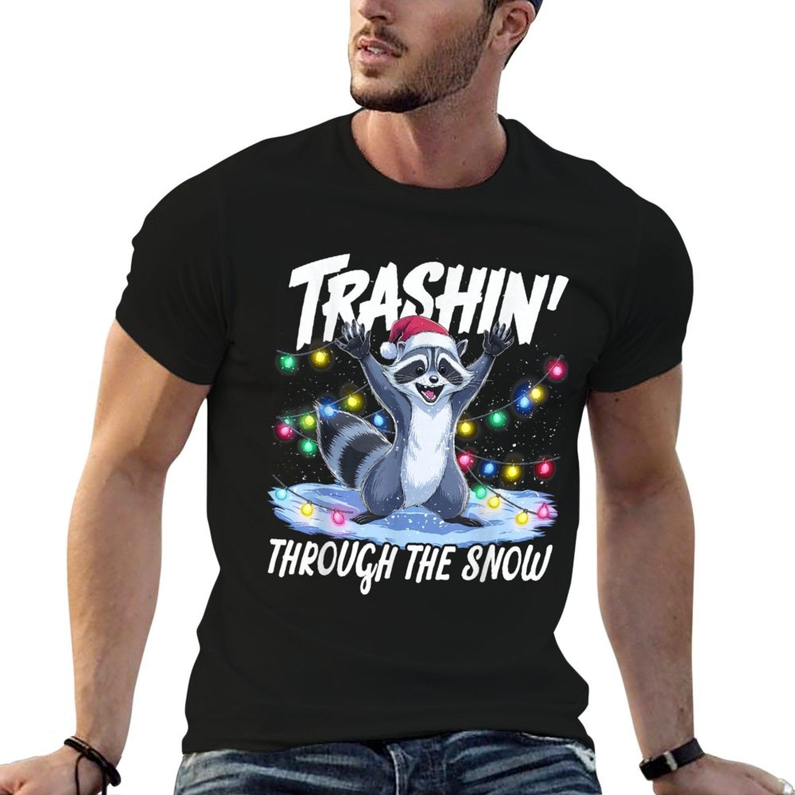Trashin Through The Snow Funny Christmas Raccoon Holiday  Durable T-Shirt