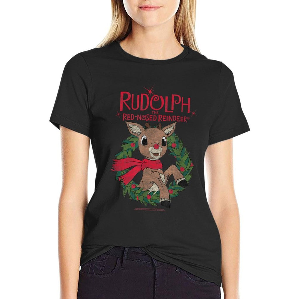 Rudolph Holiday Wreath Illustration Vintage Christmas  High-quality Stitching T-Shirt