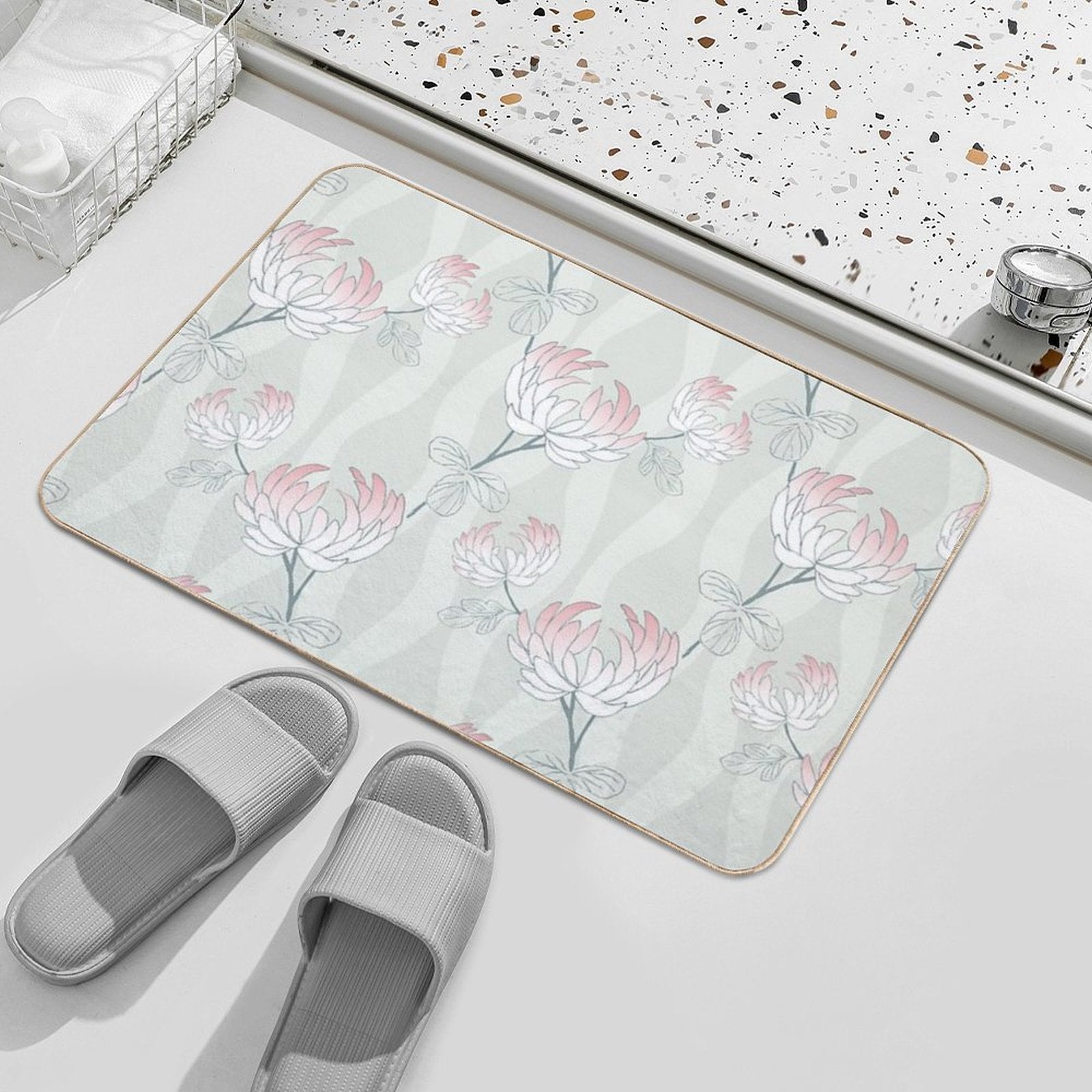 Bold Minimal Floral in Sage And Pink  Absorbent Bath Mat