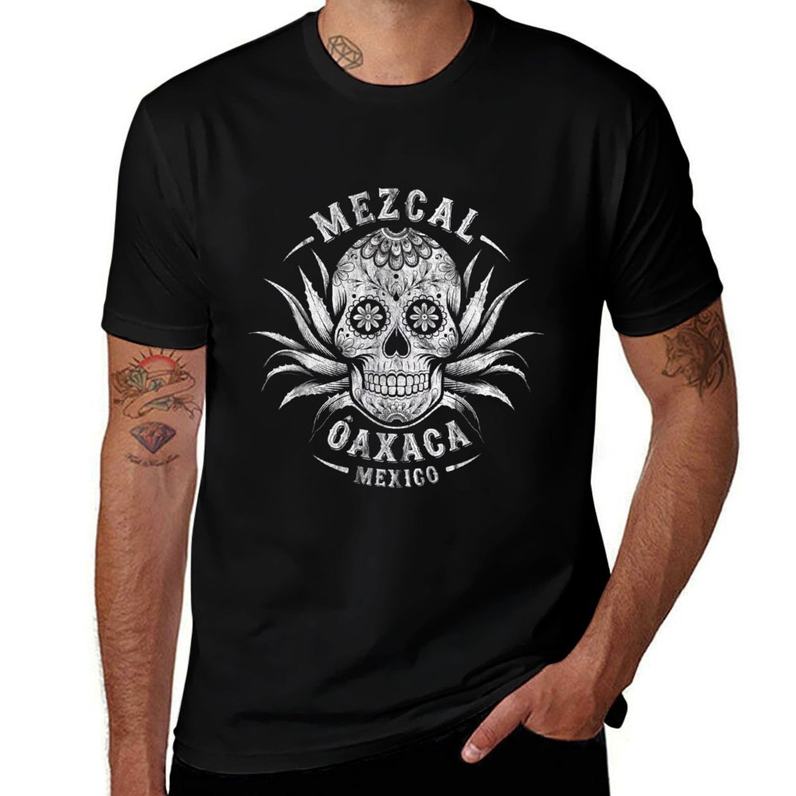 Mezcal Tequila Helps Vintage Skull Oaxaca Gifts Unisex-Adults Black Small Classic Fit Crew Neck Sugar Skull Skull Theme Vintage  Wrinkle-resistant T-Shirt