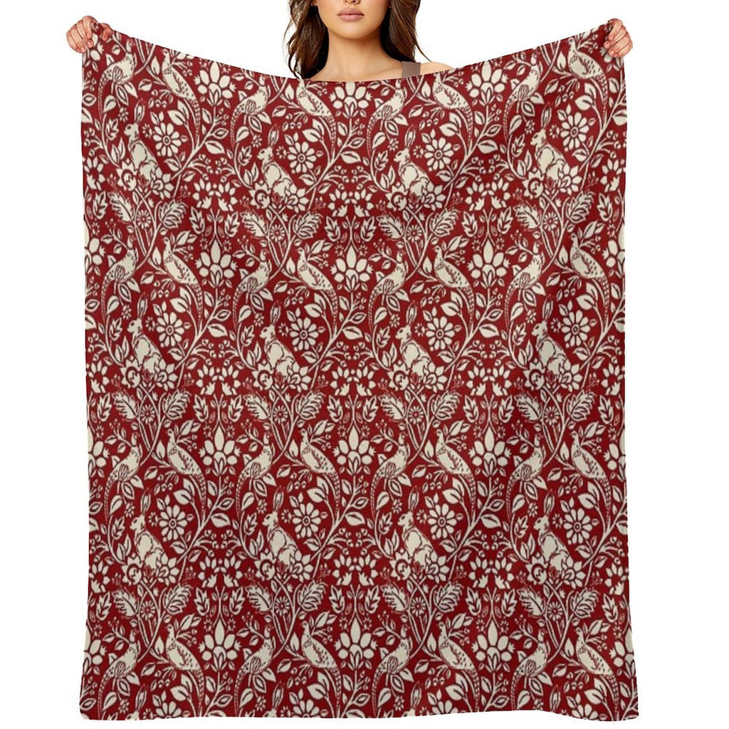 Pheasant And Hare Pattern, Deep Red And Cream Versatility Throw Blanket