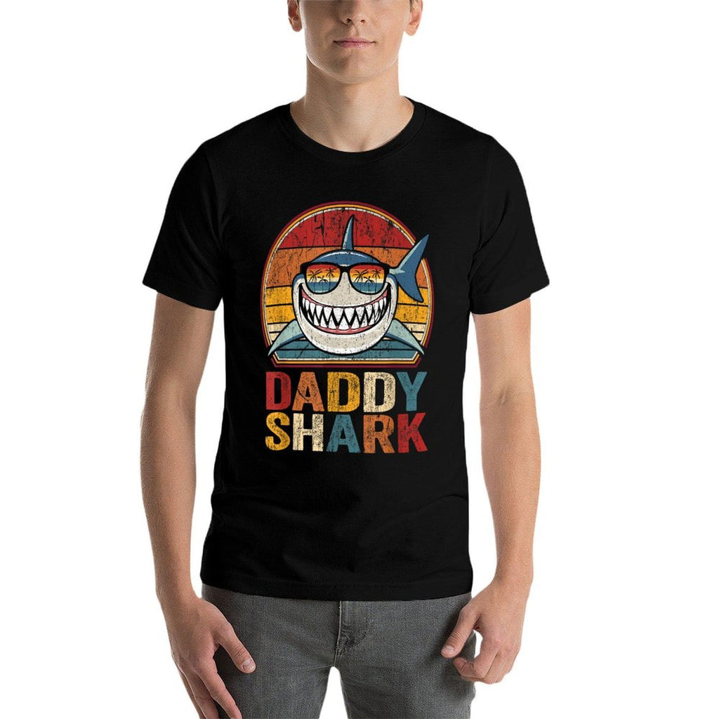 Daddy Shark Retro Shark Pajamas Gifts for Dad Dad  Ribbed Collar T-Shirt