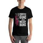 Coffee Guns And Messy Buns - Pink AR15 USA Funny Womens Gun  Ribbed Collar T-Shirt