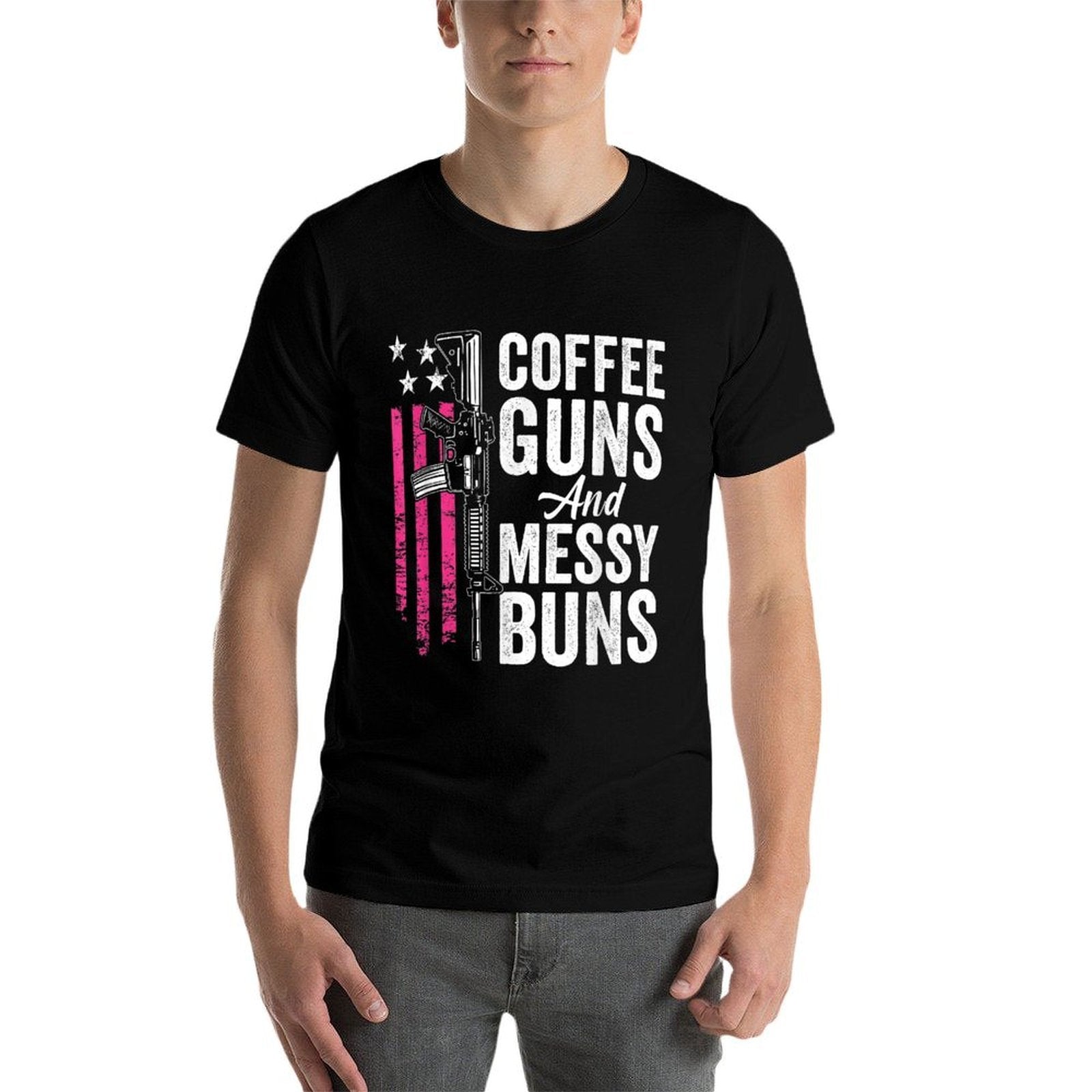 Coffee Guns And Messy Buns - Pink AR15 USA Funny Womens Gun  Ribbed Collar T-Shirt