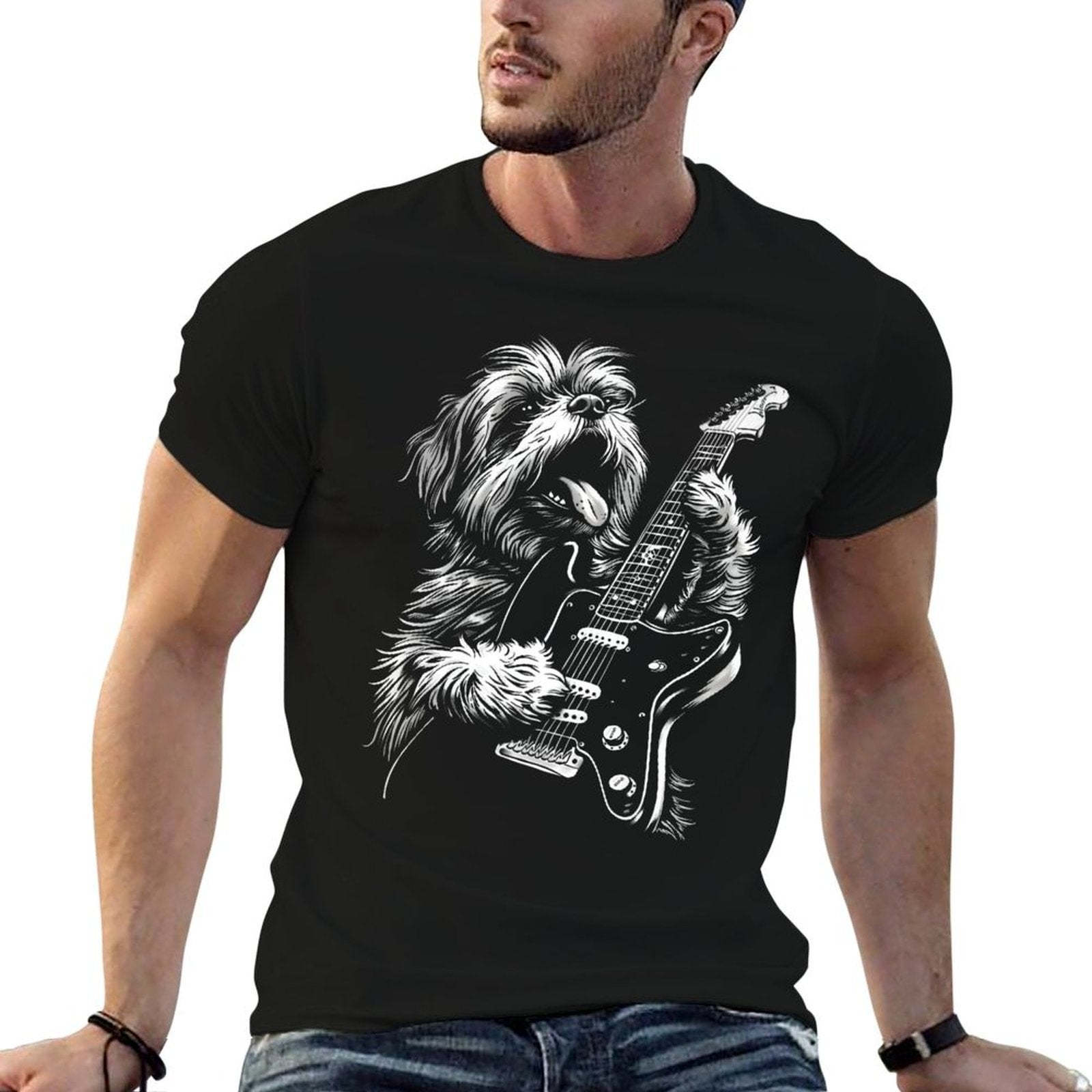 Funny Shih Tzu Dog Playing Electric Guitar Rock Dog Dad Premium  Classic T-Shirt