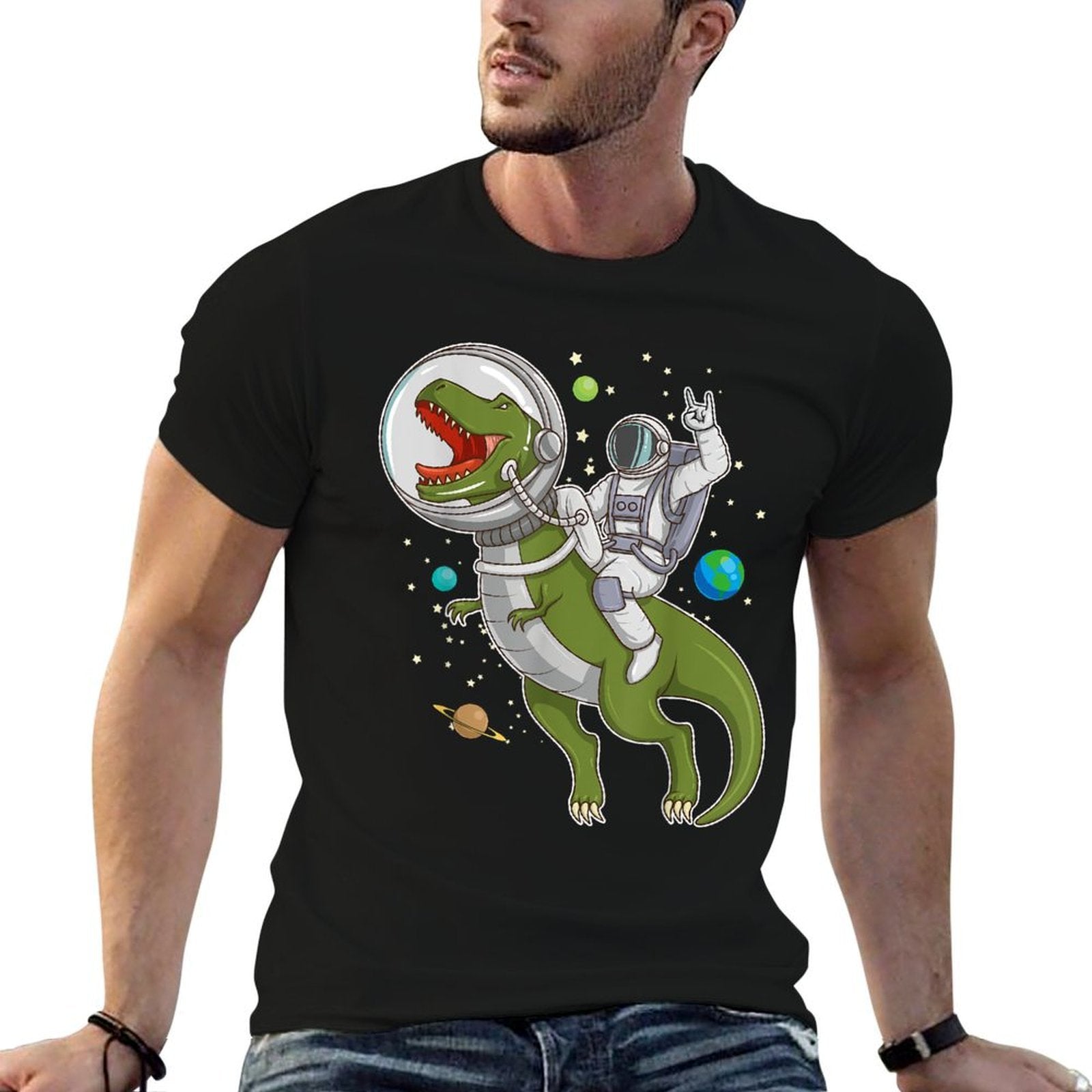 Astronaut Riding T-Rex Dinosaur Astro T-Rex Space Gift  Polyester Blend T-Shirt