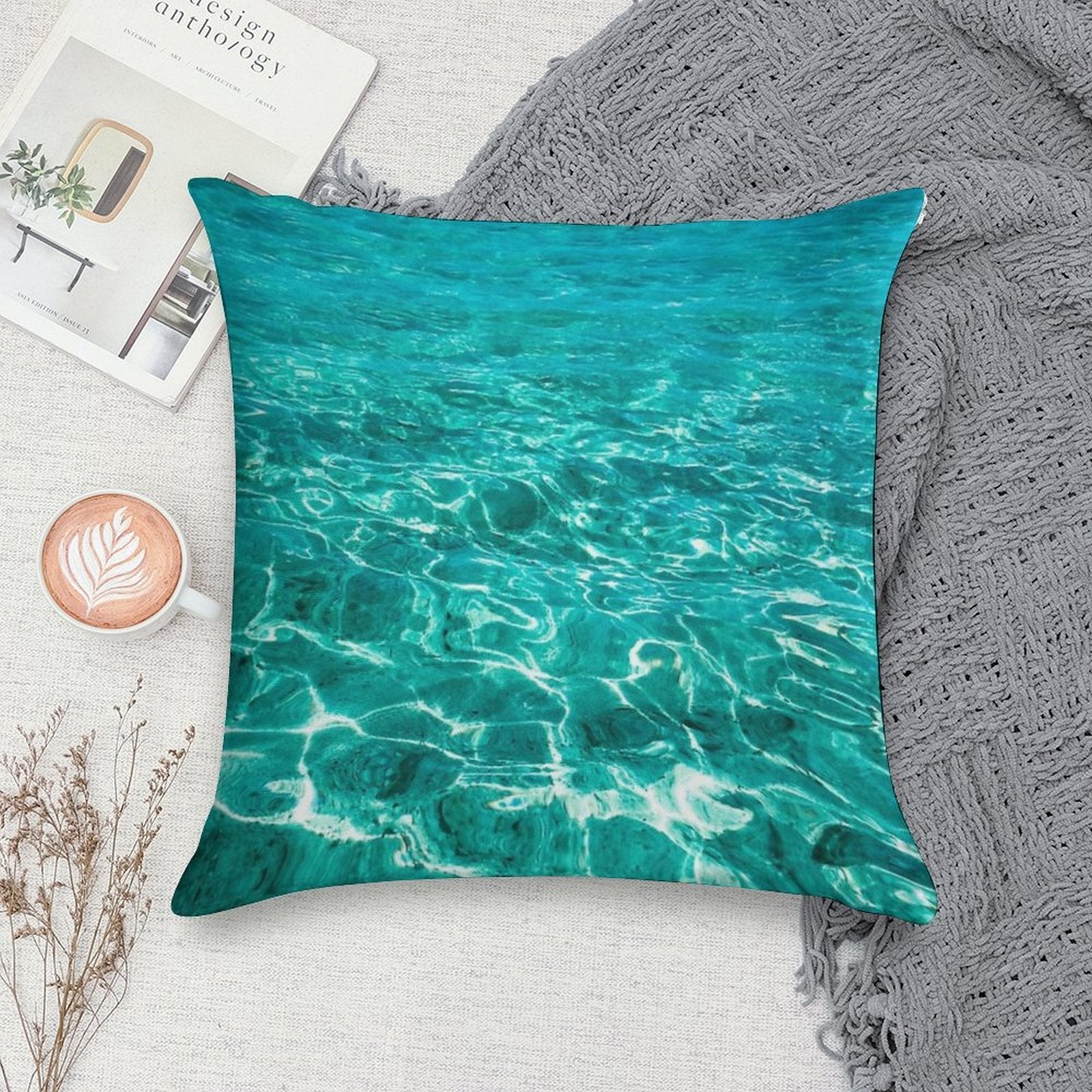 Turquoise Blue Ocean Ripples Soft High-Density Material Throw Pillow