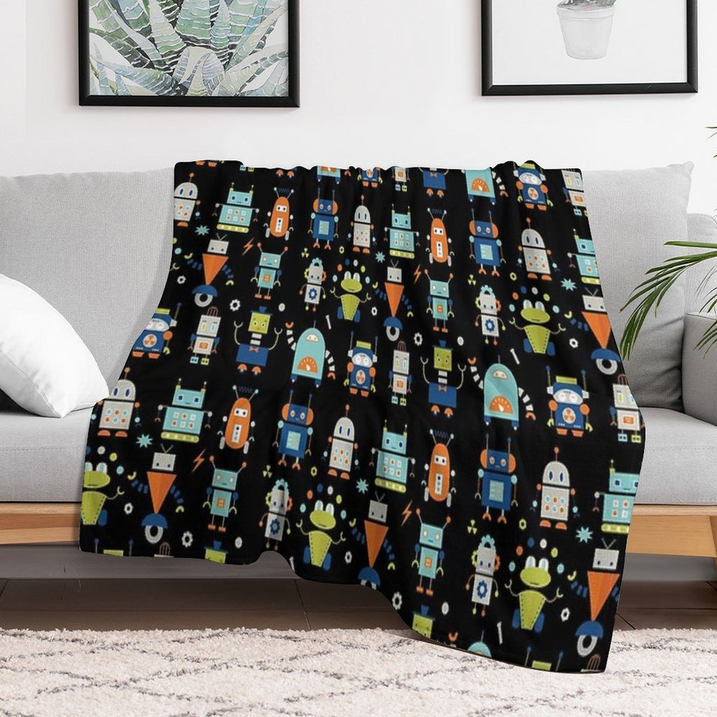 Robots Pattern Black Lightweight Throw Blanket