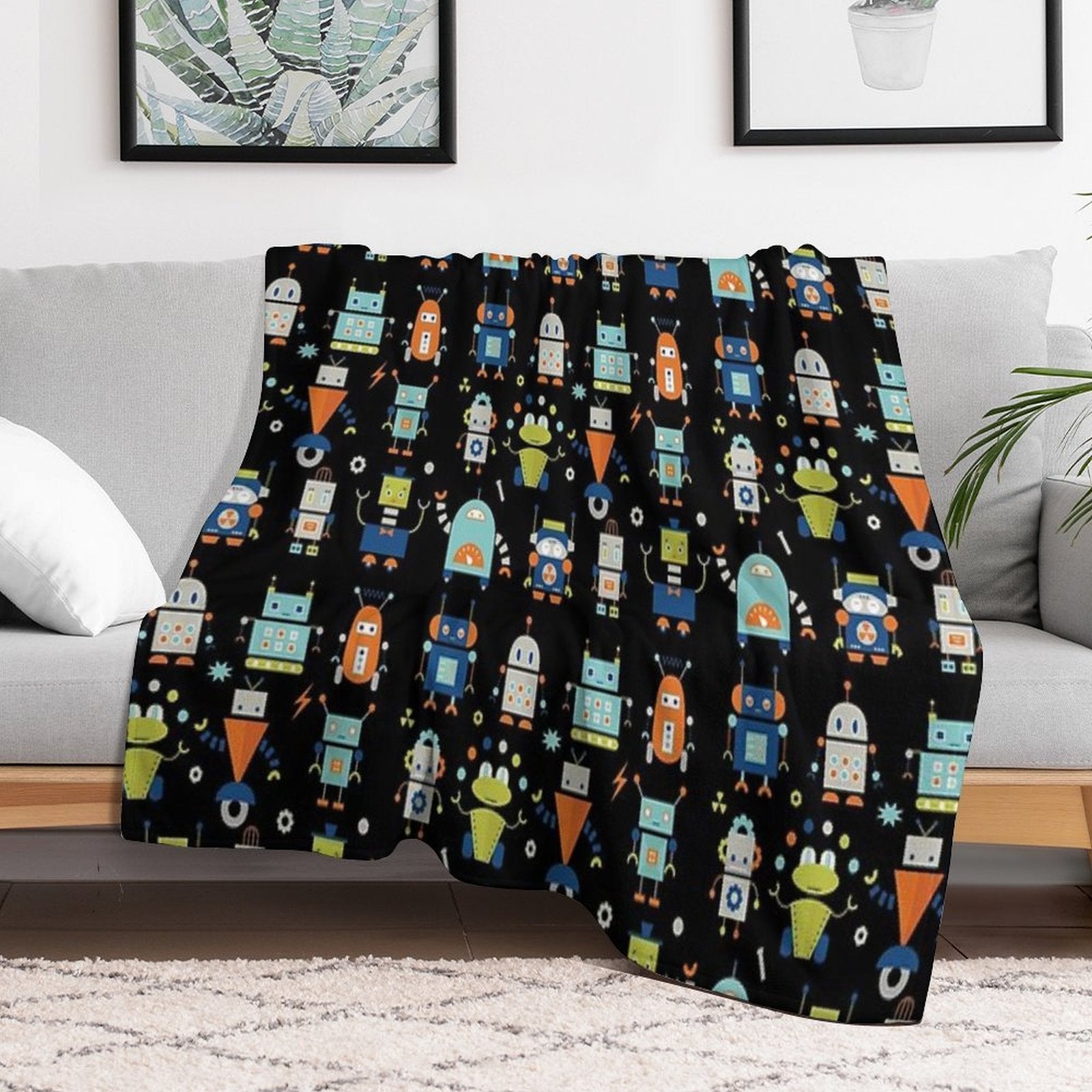 Robots Pattern Black Lightweight Throw Blanket