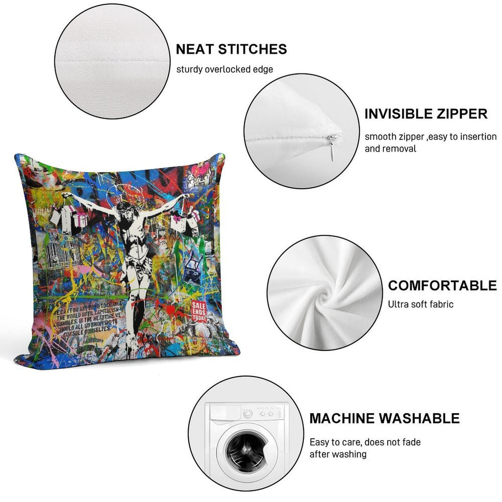 Banksy Shopping Jesus Pop Street Art Mashup Soft Skin-Friendly Throw Pillow
