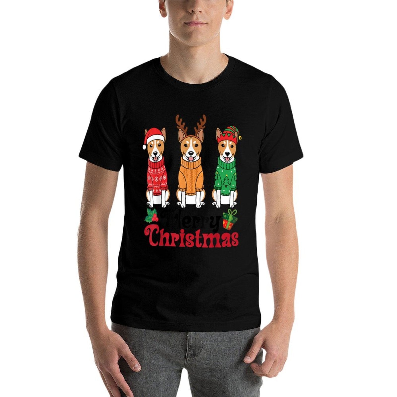 Basenji Dogs in Sweaters Santa Reindeer Elf Merry Christmas  Trendy Pattern T-Shirt