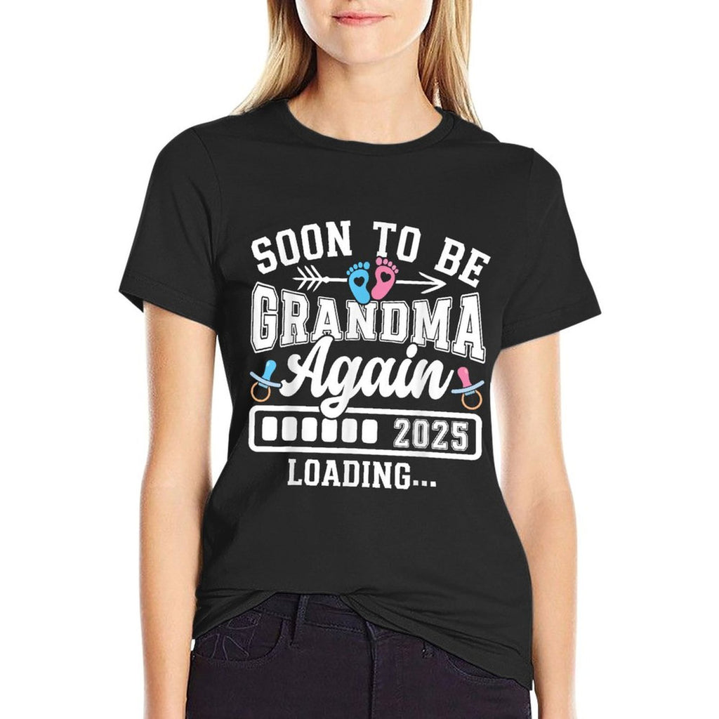 Soon to Be Grandma Again 2025 Loading Pregnancy Announcement  Ribbed Collar T-Shirt