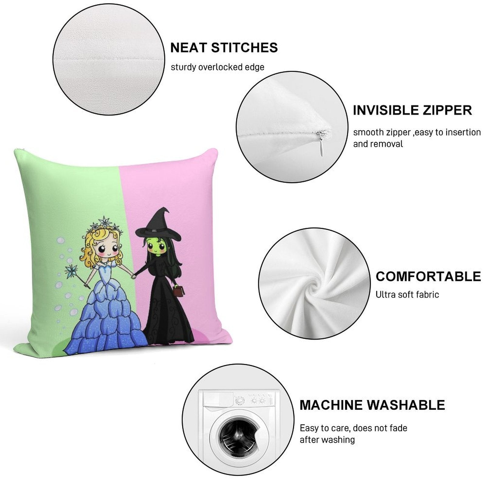 Elphaba & Glinda Soft Washable Throw Pillow
