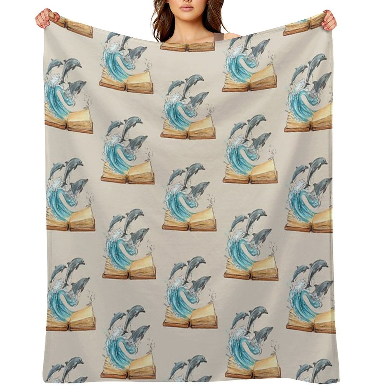 Dolphins Jumping from Old Book Watercolor Illustration Wrinkle-free Throw Blanket