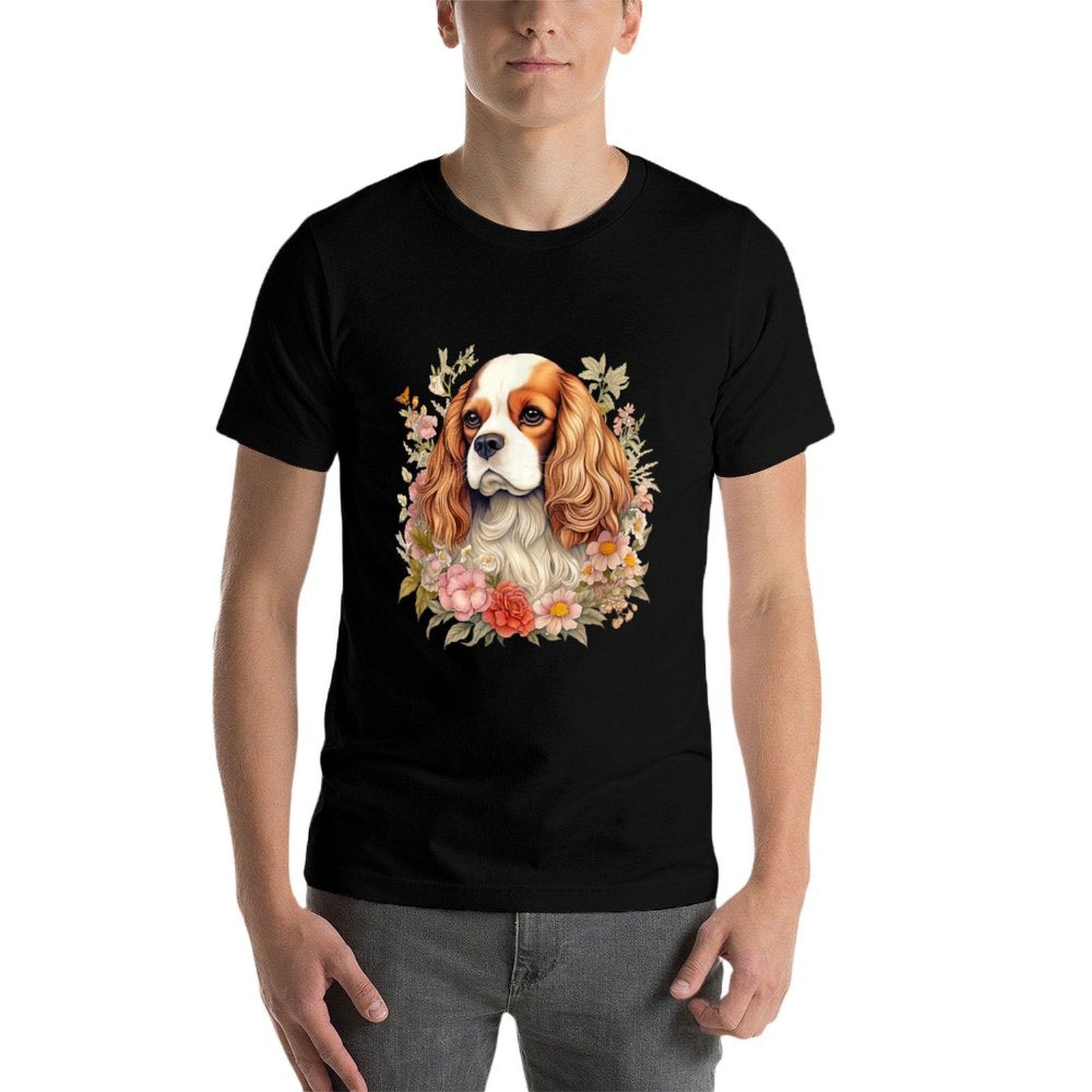 Cavalier King Charles Spaniel Dog With Flowers Floral Men Women Girls Kids  Soft T-Shirt