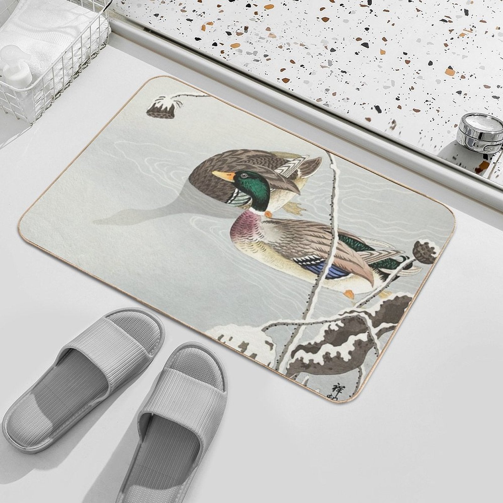 Japanese Woodblock Print of  Two Mallards  by Ohara Koson  Long-Lasting Bath Mat