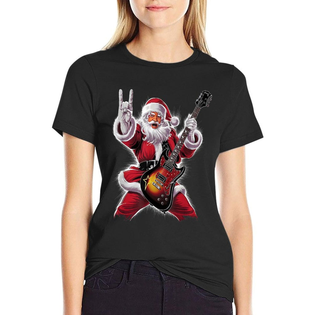 Rock  Roll Christmas Santa Claus Guitar Player  Ribbed Collar T-Shirt