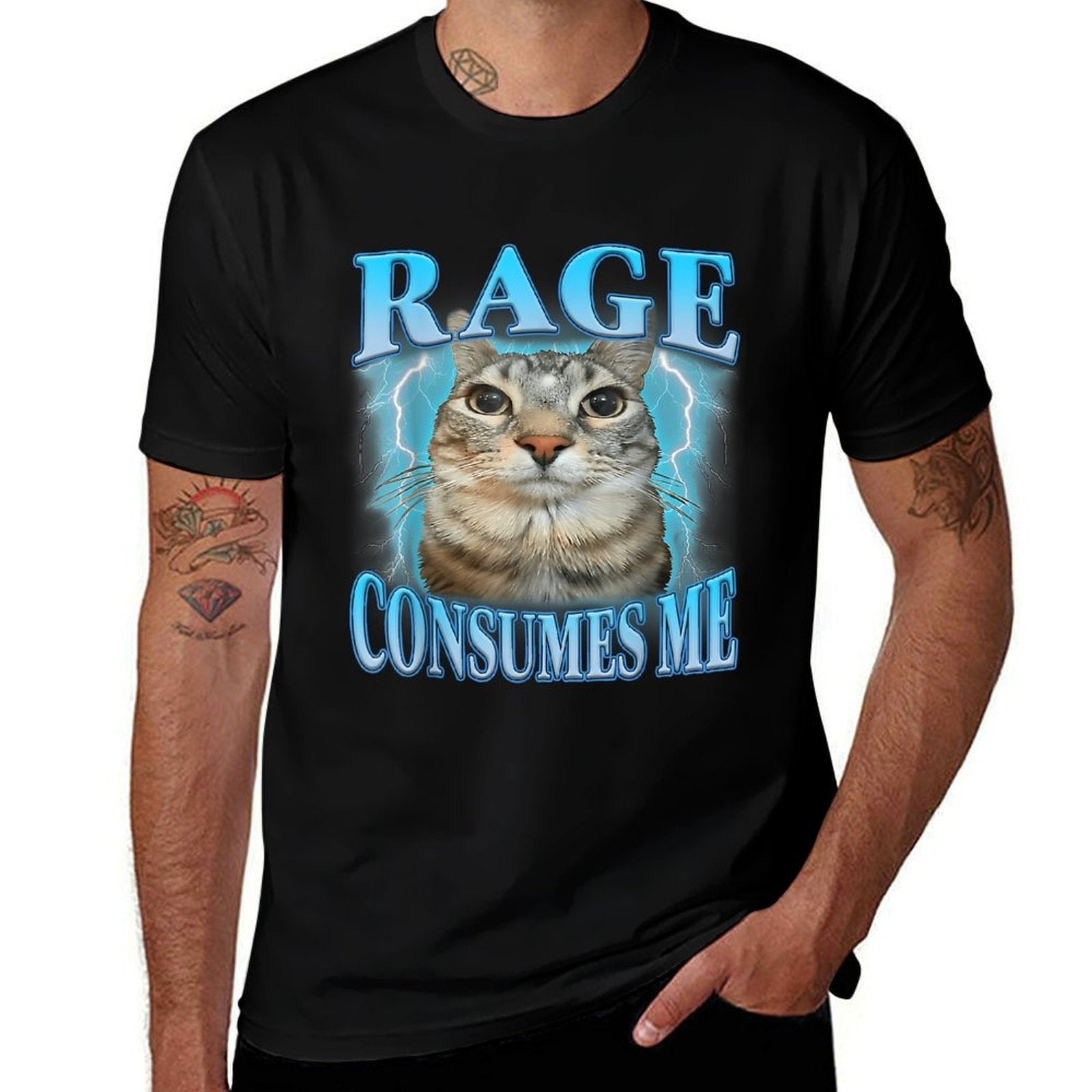 Rage Consumes Me Funny Silly Staring Cat Meme Women Men  High-quality Stitching T-Shirt