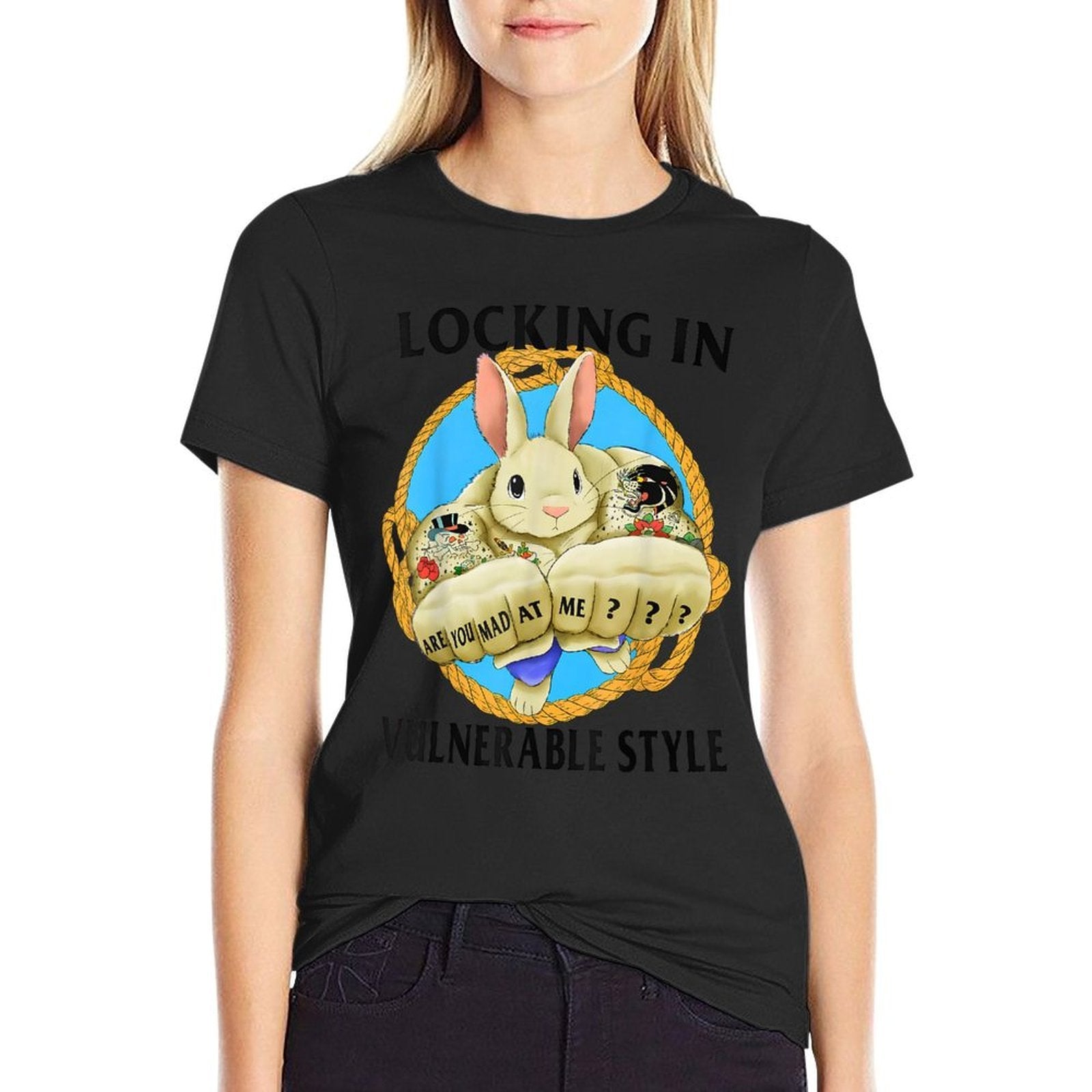 Locking In Vulnerable Style Mad at Me Funny Rabbit Meme  Versatile T-Shirt