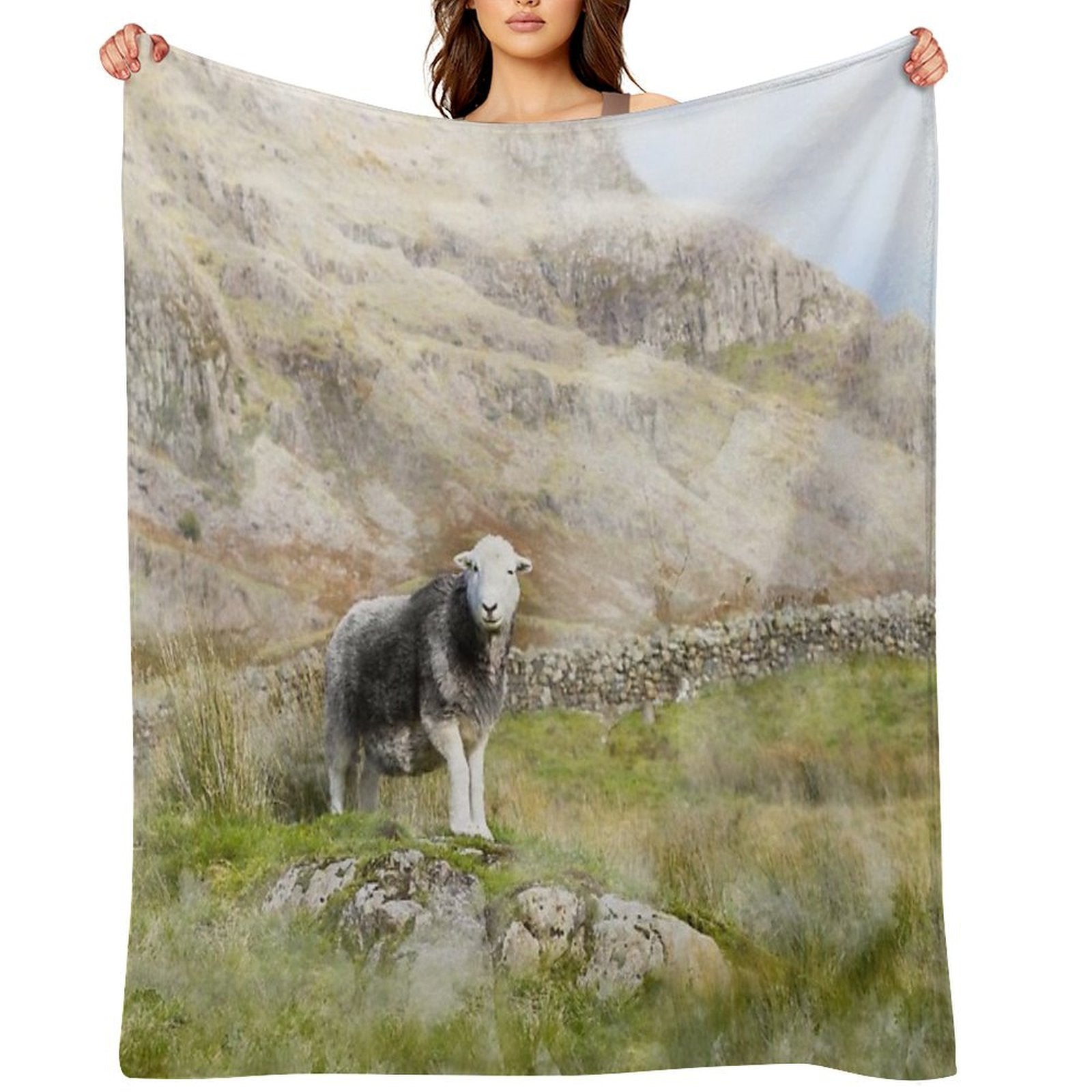 Herdwick Sheep Landscape Watercolour Photograph Shrink-resistant Throw Blanket