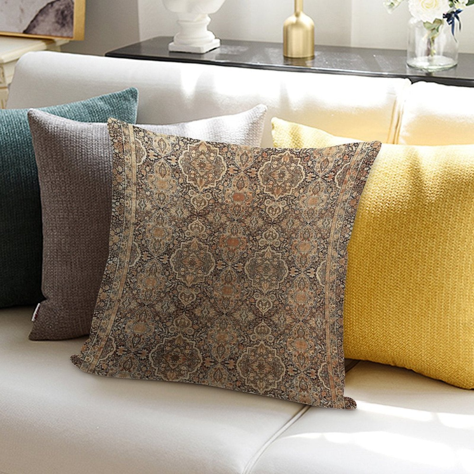 Antique Persian Kirman Rug Print Soft Durable Construction Throw Pillow