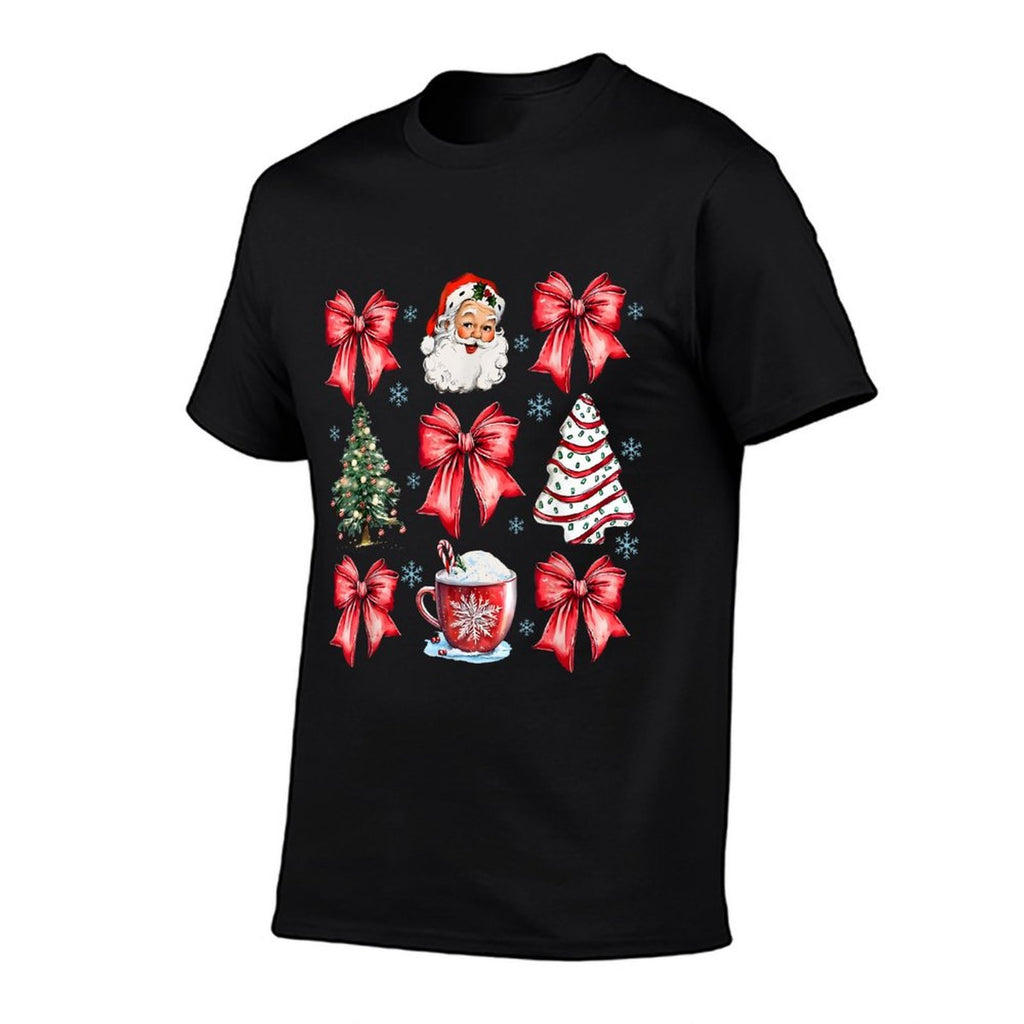 Retro Christmas Coquette Bow Santa Coffee Cake Holiday Women  Fade-proof Color T-Shirt