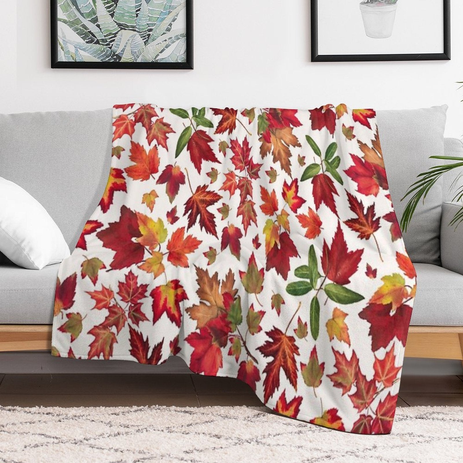 Vintage Colorful Fall Leaves Forest Botanical Garden Pattern - White Shrink-resistant Throw Blanket