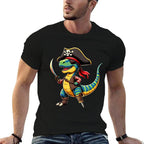 Funny Halloween Boys Kids Toddlers Dinosaur Trex Pirate  Rolled Sleeves T-Shirt