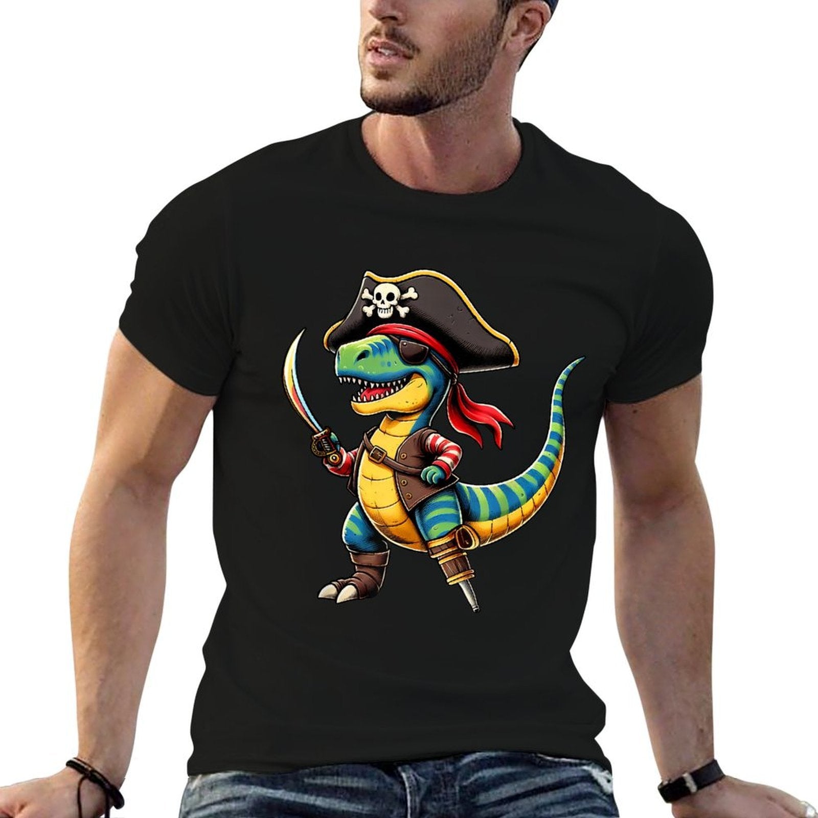 Funny Halloween Boys Kids Toddlers Dinosaur Trex Pirate  Rolled Sleeves T-Shirt