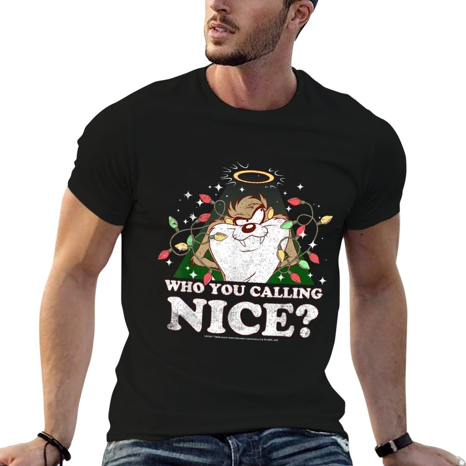 Looney Tunes Christmas Taz Who You Calling Nice  Rolled Sleeves T-Shirt