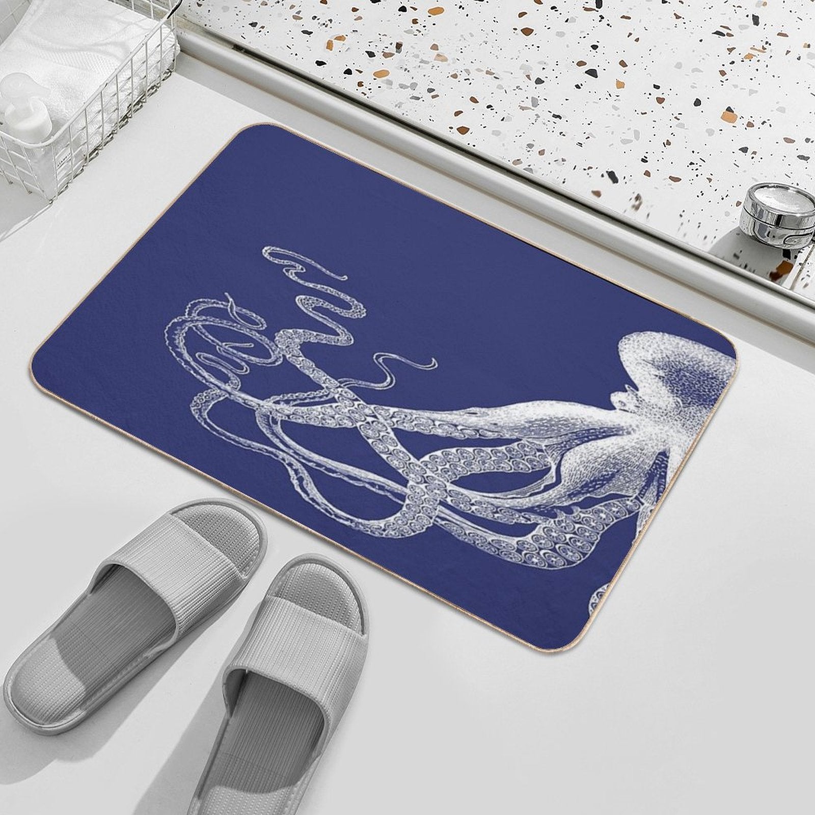 Half Octopus  Left Side  Vintage Octopus  Tentacles  Sea Creatures  Nautical  Ocean  Sea  Beach  Diptych  Navy Blue An  Slip-Resistant Bath Mat