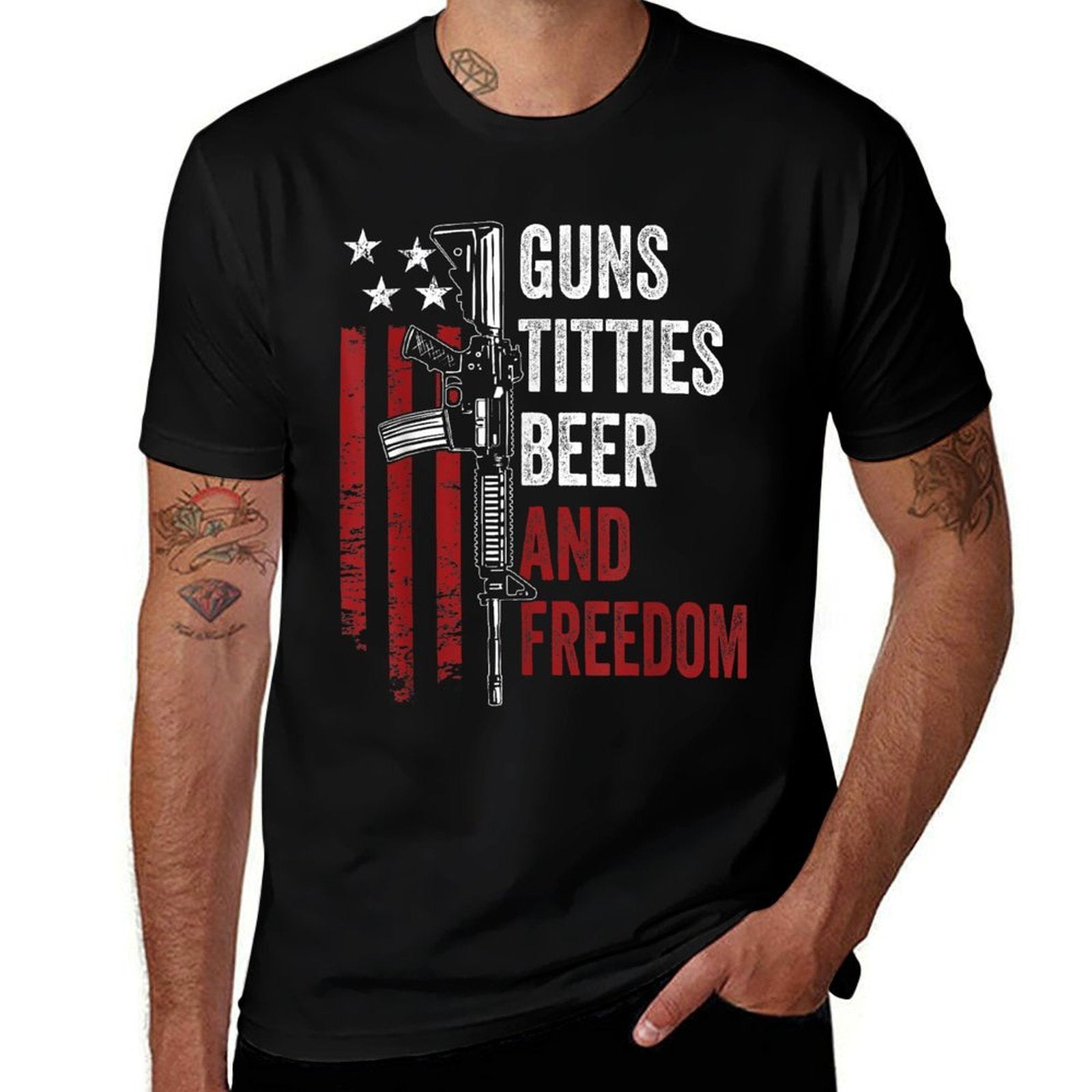 Guns Titties Beer  Freedom - Mens Funny Guns Drinking USA  Cotton T-Shirt