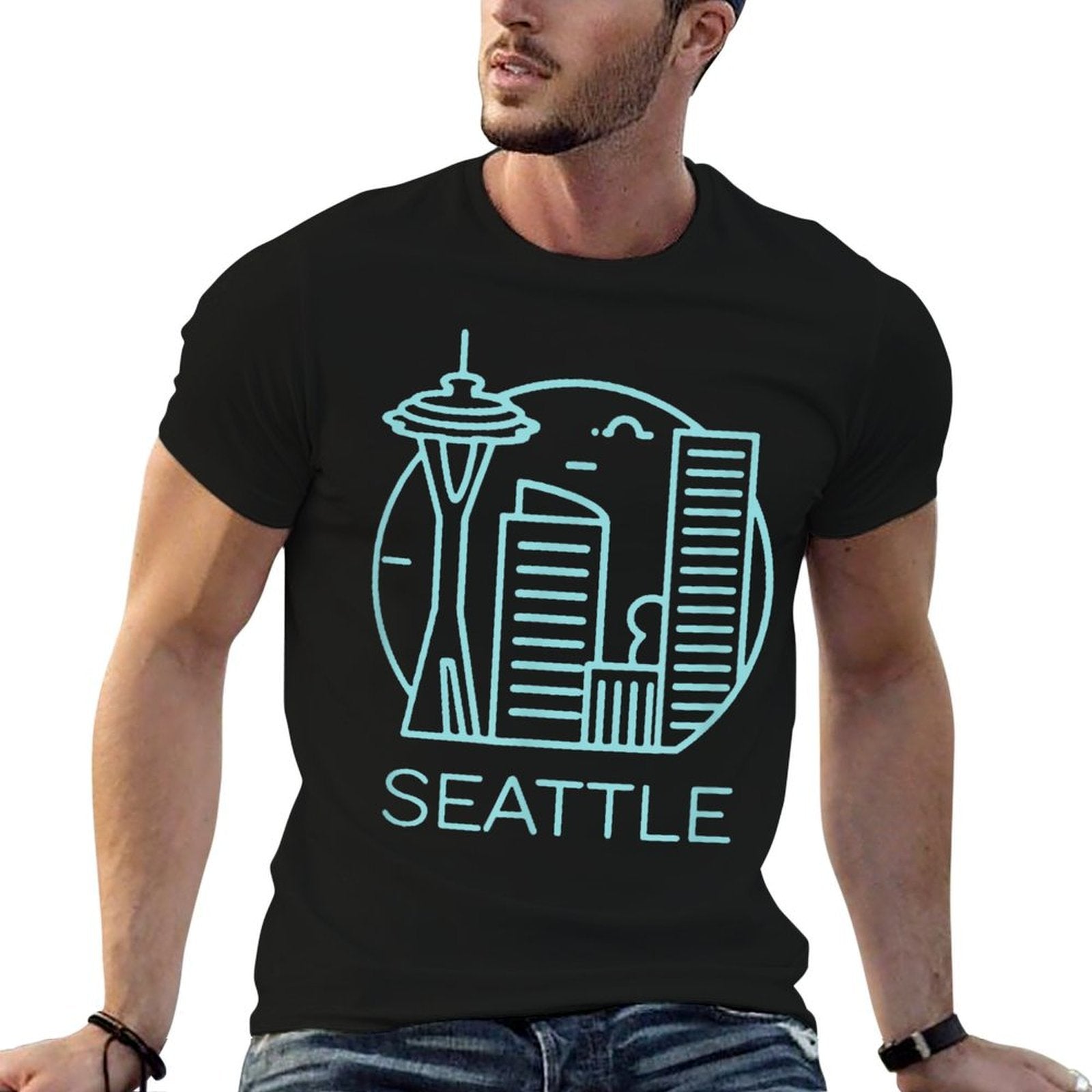 Simple Seattle Downtown Cityscape Emerald Color  Easy-care T-Shirt