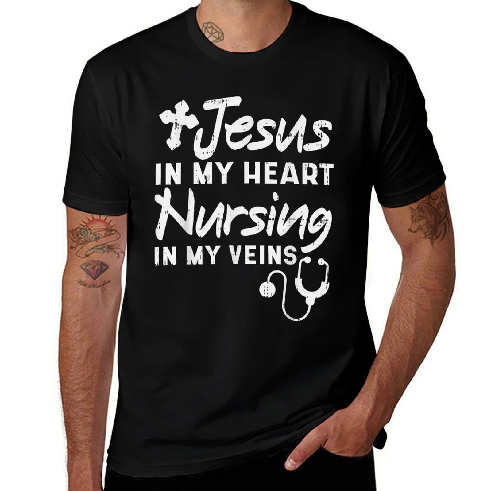 Jesus Heart Nursing Veins Nurse RN God Faith Christian Gift  Moisture-wicking T-Shirt