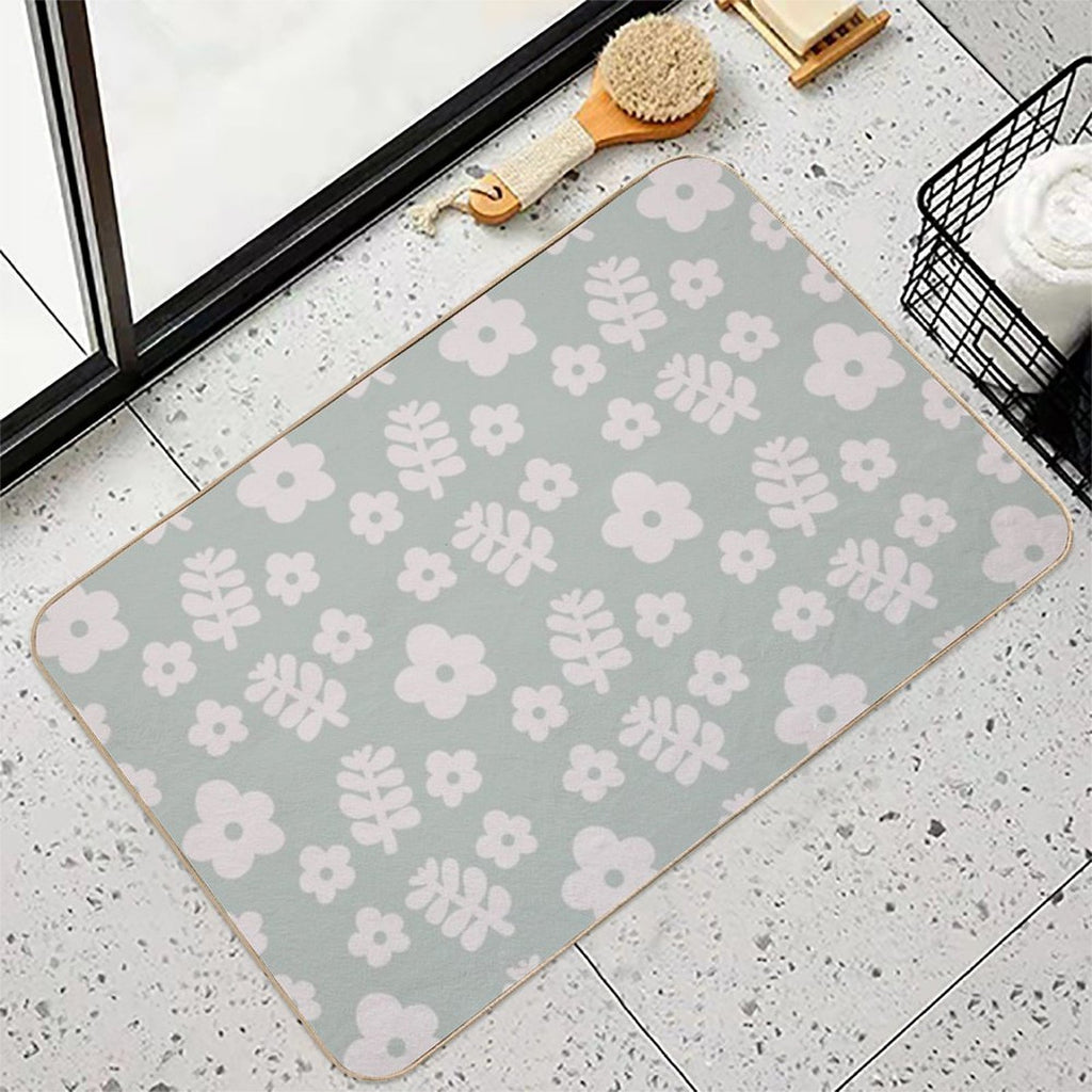 Mid Century Modern Flowers & Leaves, Cute Retro Pattern, Gray Teal  Non-Slip Bath Mat