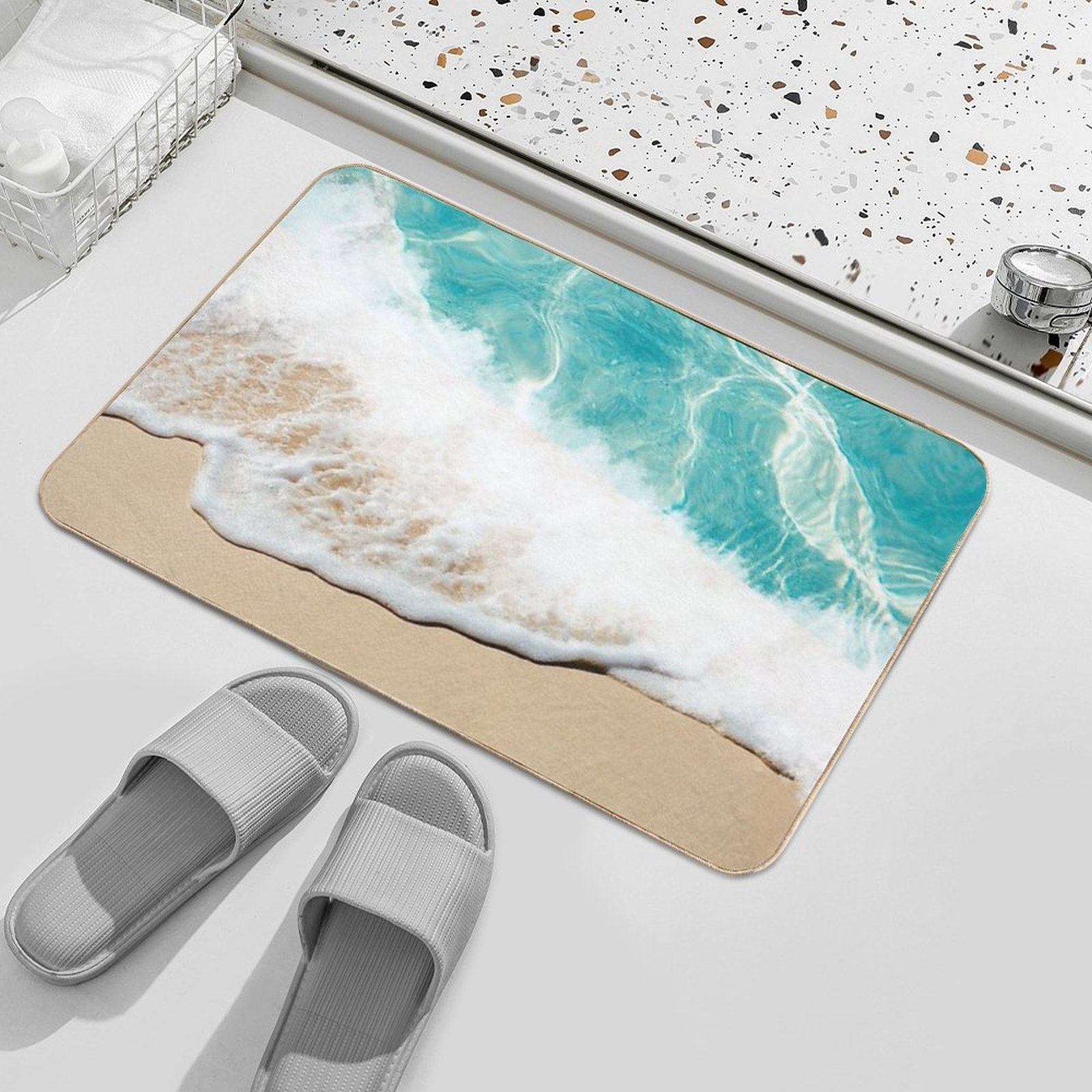Turquoise Blue Beach Sand And Waves Design  Anti-Trip Bath Mat