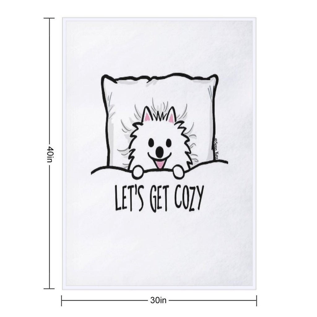 White Pomeranian Tucked Into Bed Cute Pom Cartoon Dog Durable Throw Blanket