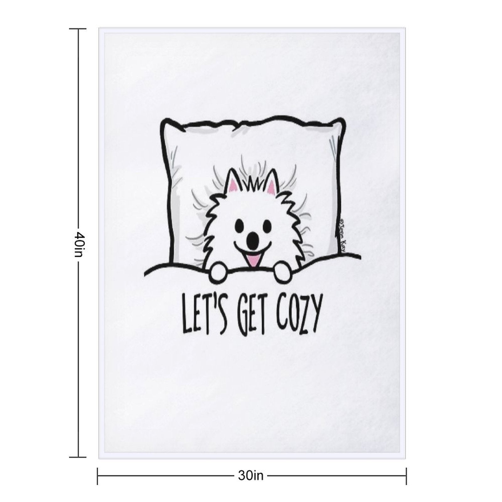 White Pomeranian Tucked Into Bed Cute Pom Cartoon Dog Durable Throw Blanket