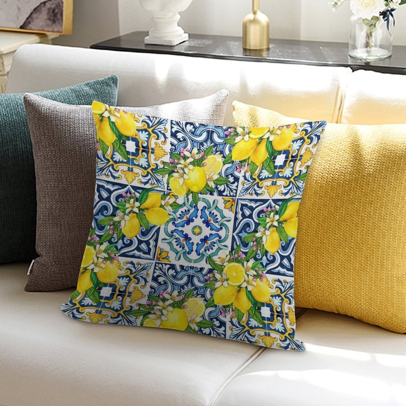 Bright Mediterranean Sicilian Tiles with Citrus Lemons Soft Style Accent Throw Pillow