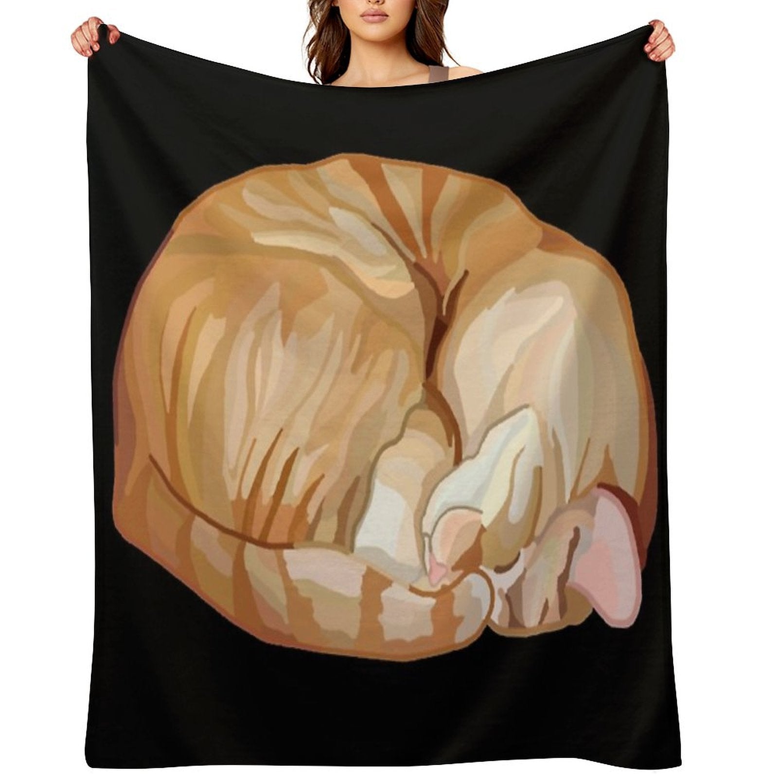 Sleeping Curled Orange Ginger Tabby Cat Shrink-resistant Throw Blanket