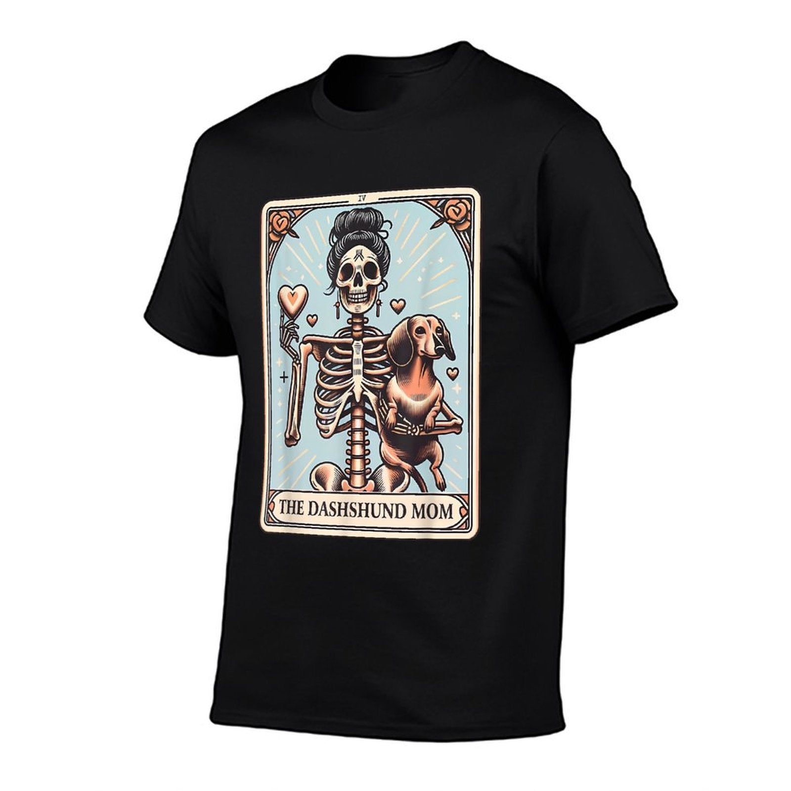 Valentines Day Dachshund Mom Tarot Card Skeleton Doxie Mama  Rolled Sleeves T-Shirt