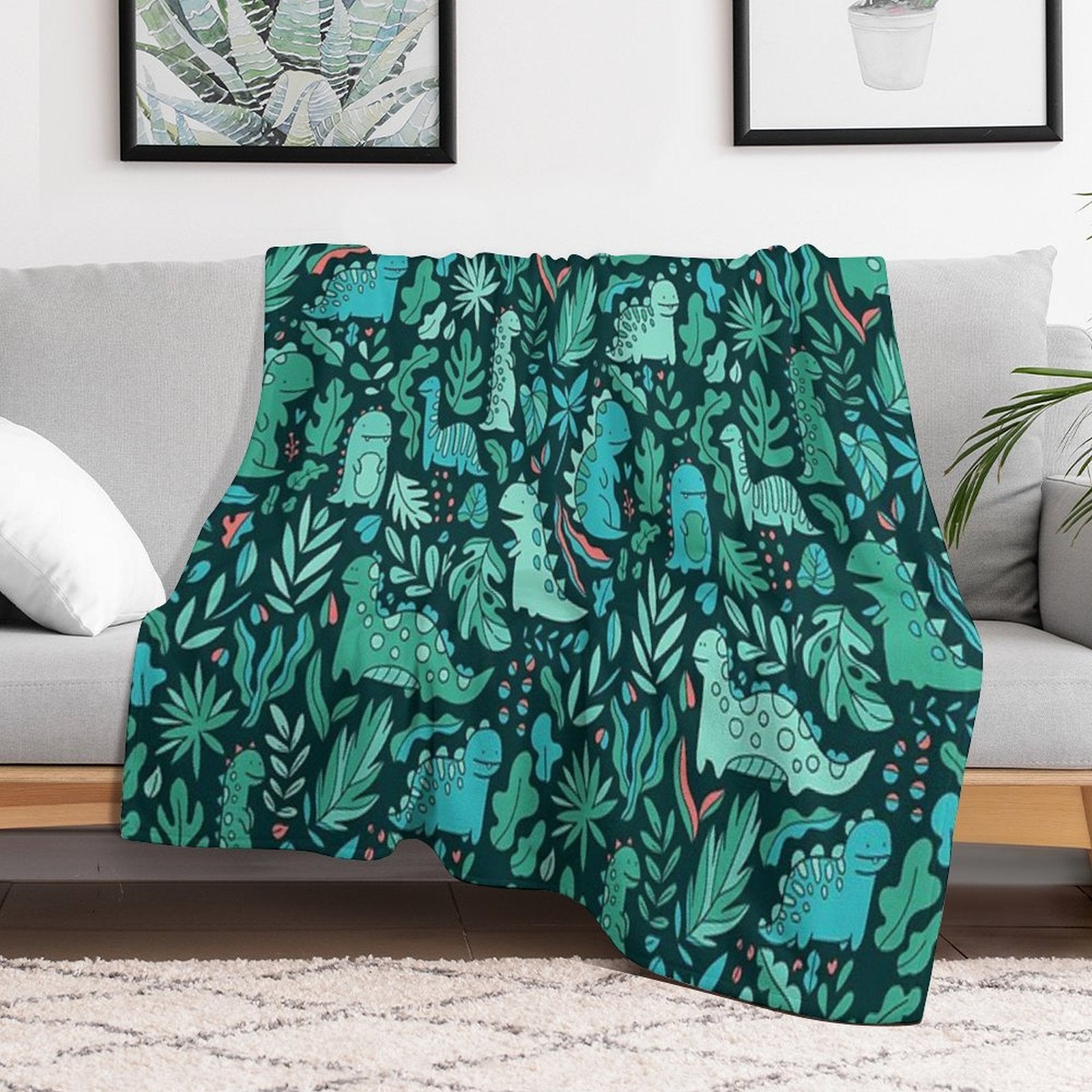 Cute Dinosaurs And Tropical Leaves Shrink-resistant Throw Blanket