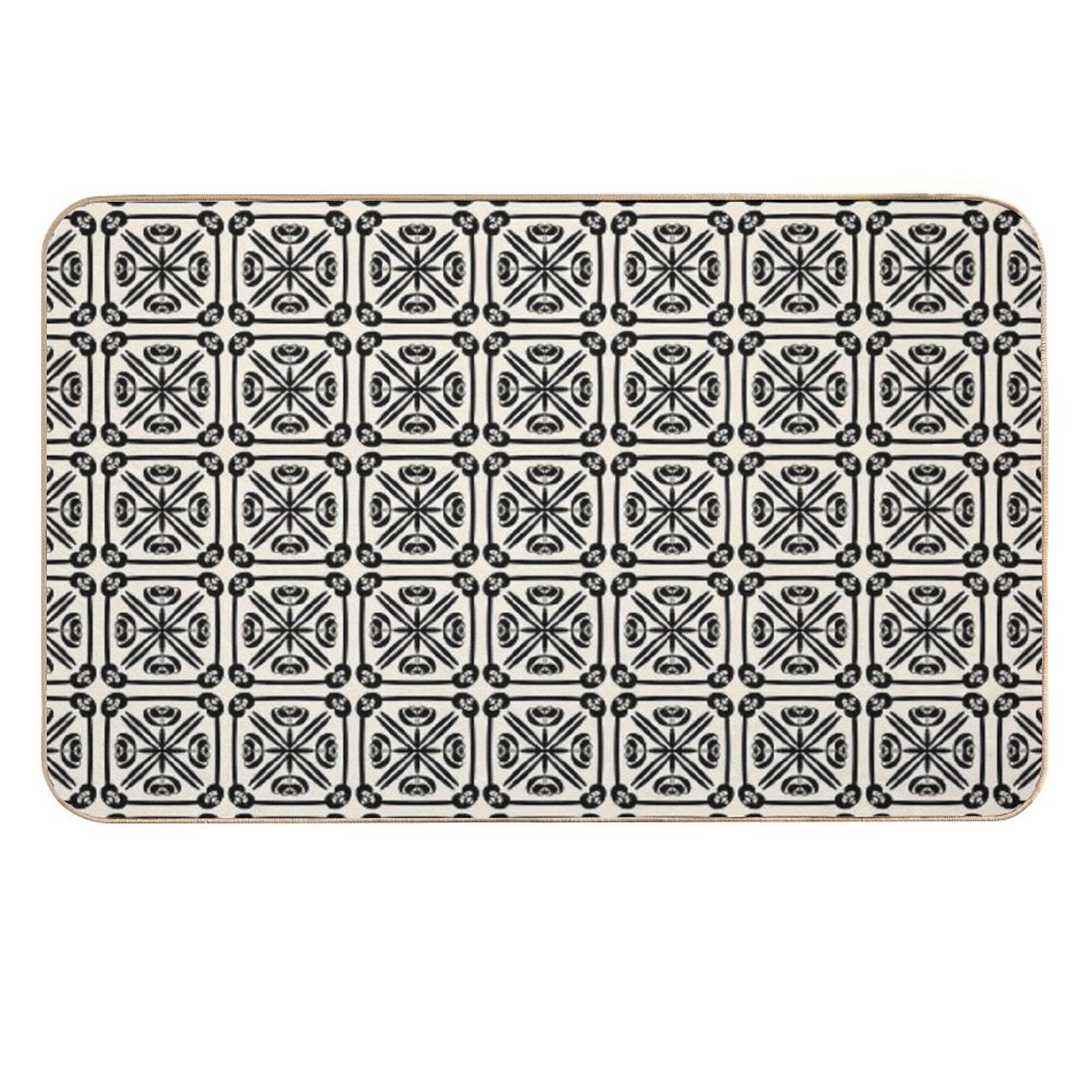 Nouveau Spanish Tile Pattern in Black And Almond Cream  Non-Slip Bath Mat