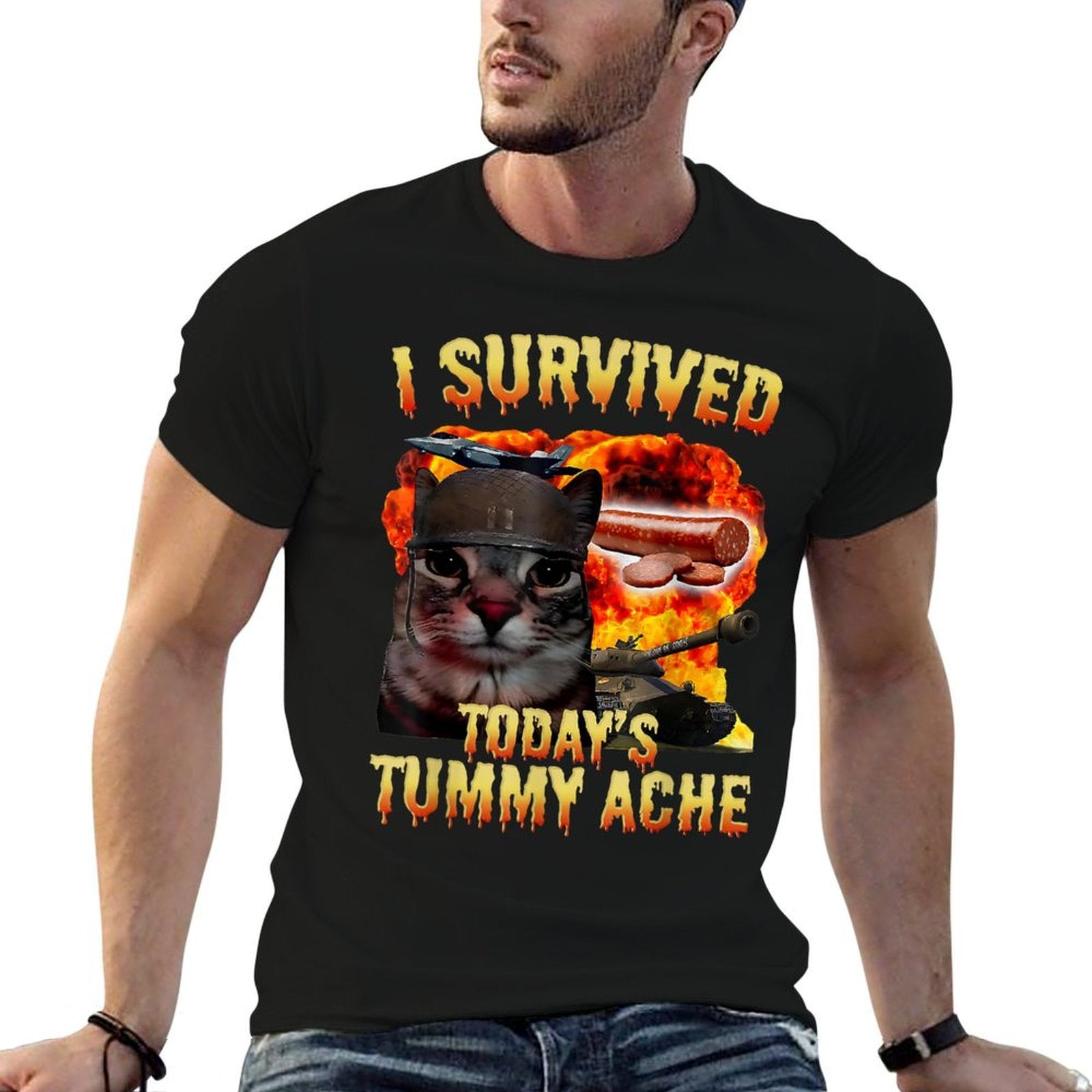 Tummy Ache Survivor Cat Meme Funny Saying Cats Animals Men Women Kids  Durable T-Shirt
