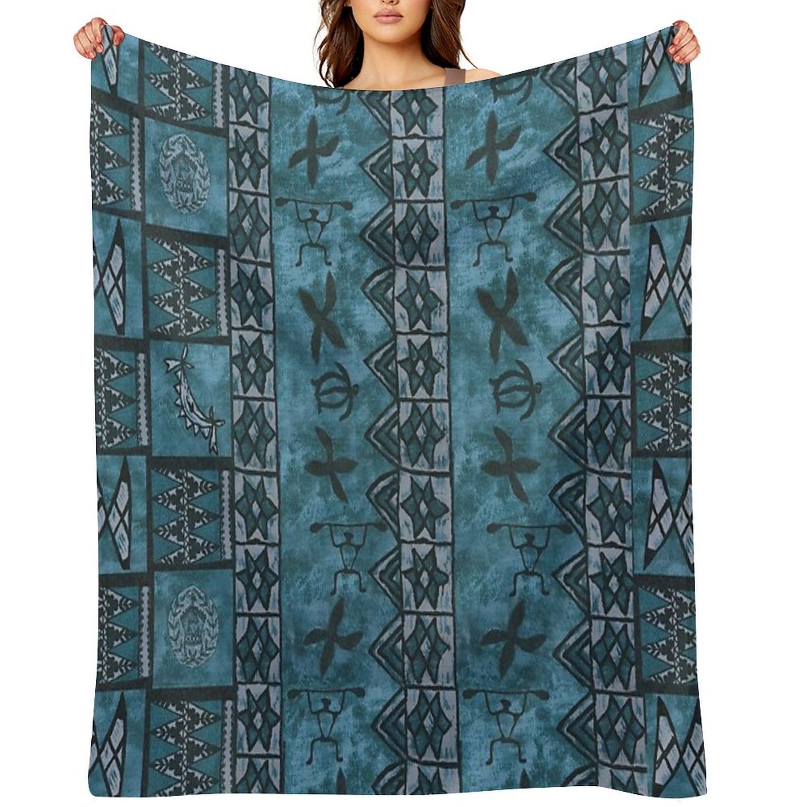 Vintage Hawaiian Tapa Ocean Blue Durable Throw Blanket