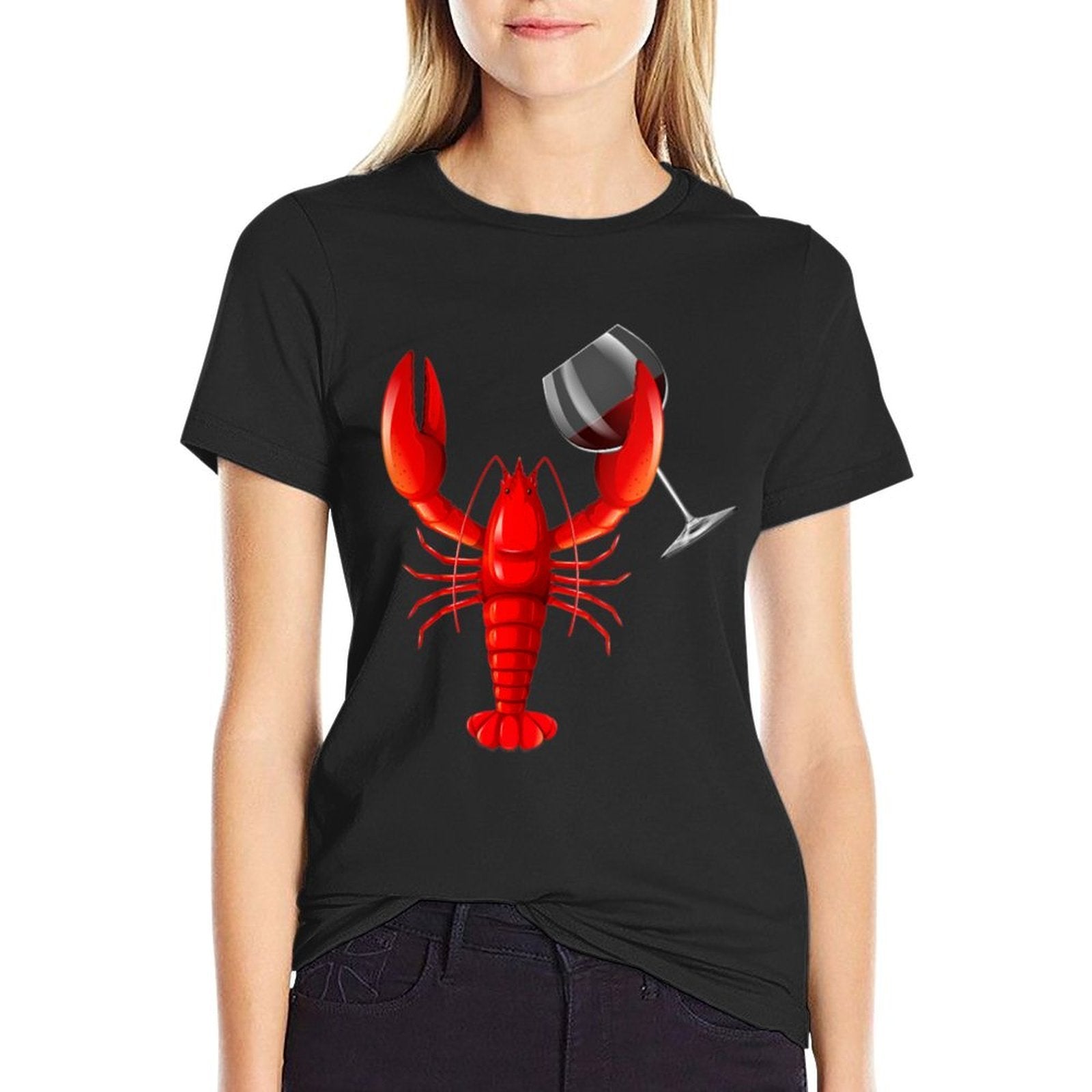 Womens Funny Wine Drinking Lobster Red Crawfish Wine Lovers Gift  Rolled Sleeves T-Shirt